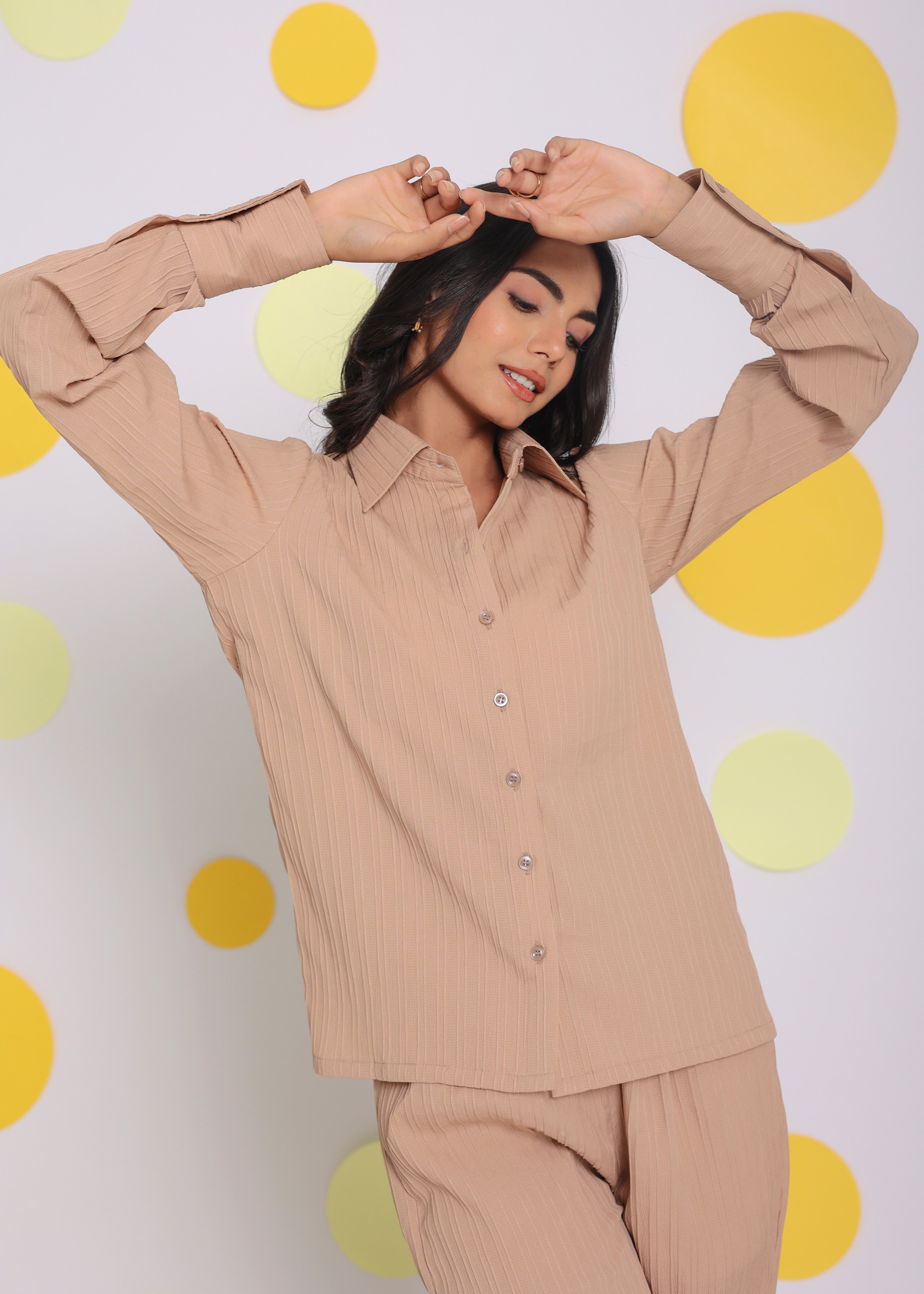 Beige Shirt and Pant Two Piece Set Summer Everyday Wear Co-ord Set - Kaoribyshreya