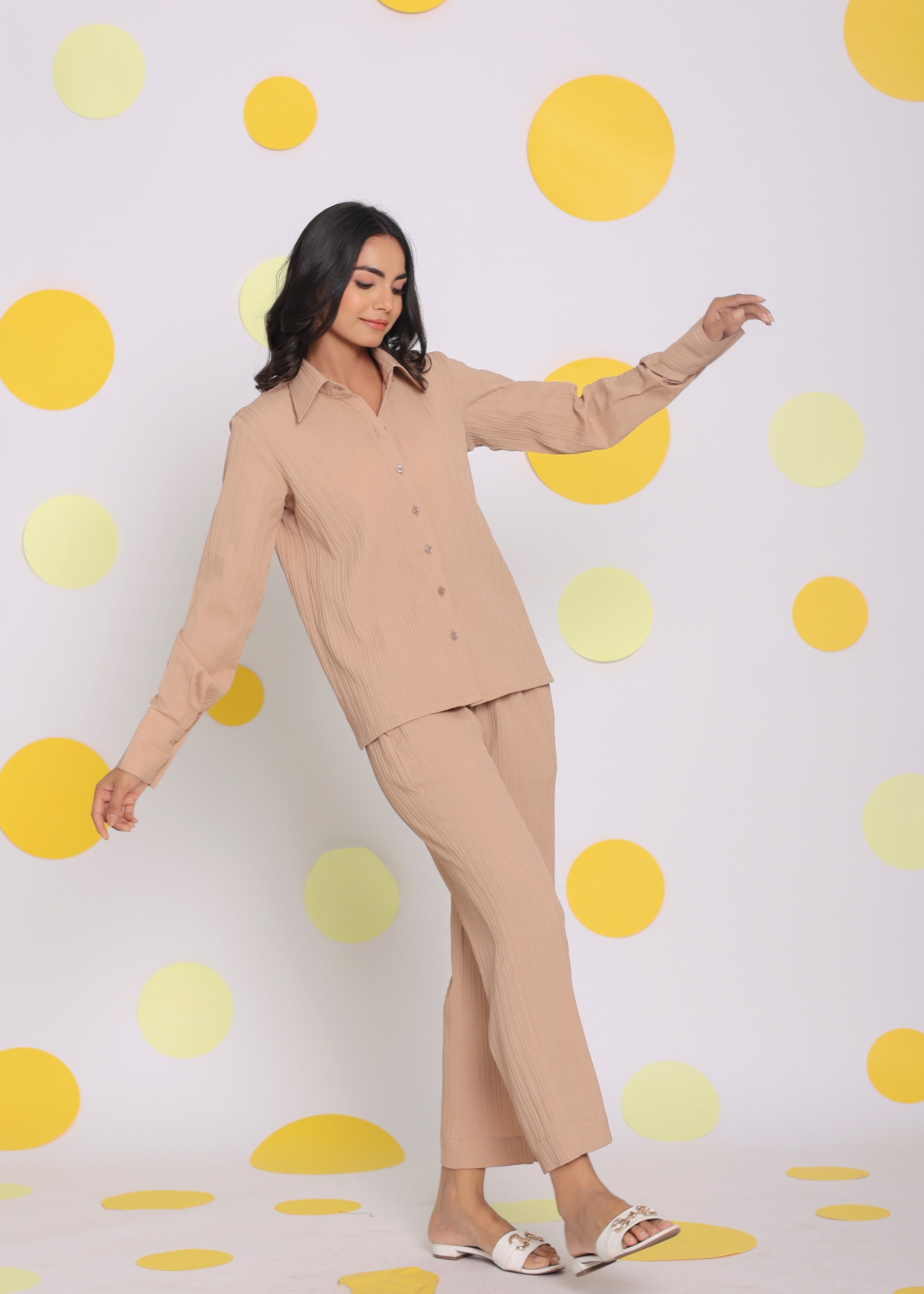 Beige Shirt and Pant Two Piece Set Summer Everyday Wear Co-ord Set - Kaoribyshreya