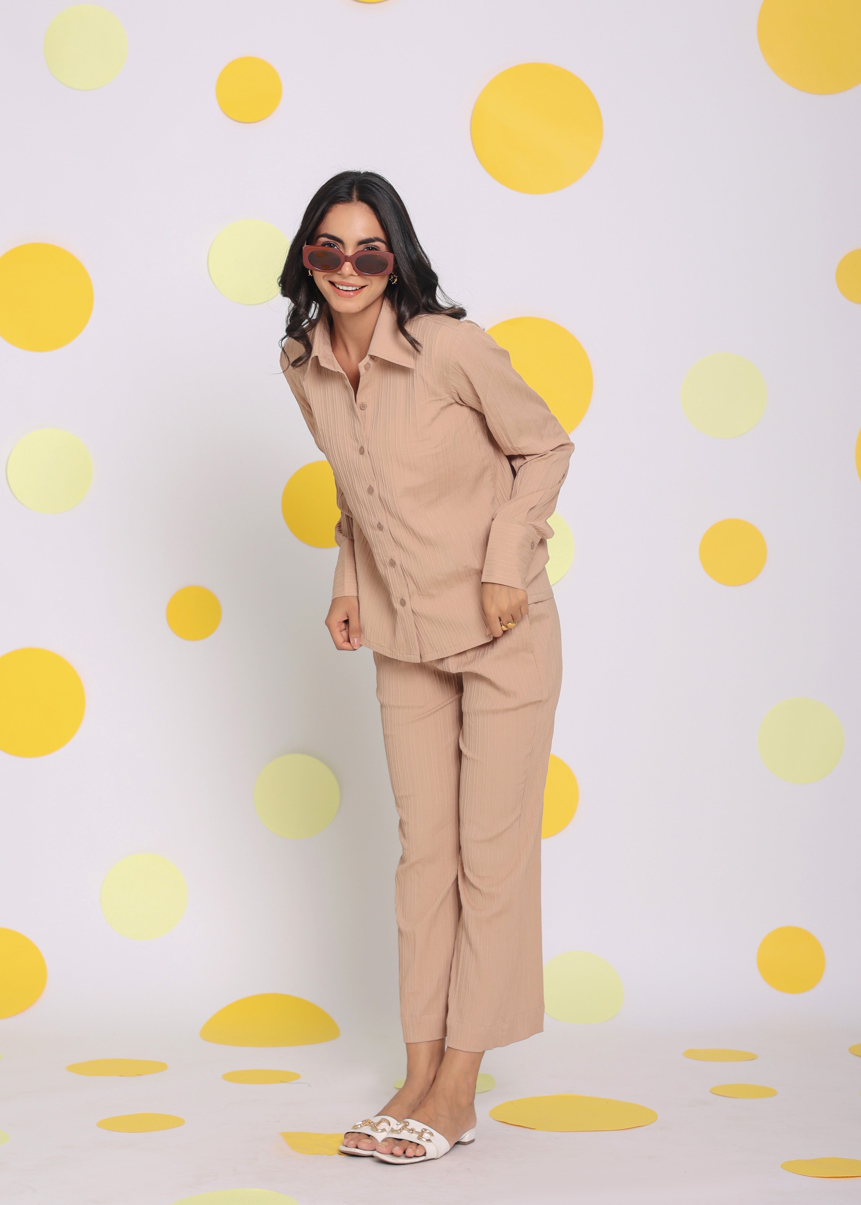 Beige Shirt and Pant Two Piece Set Summer Everyday Wear Co-ord Set - Kaoribyshreya