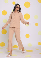 Beige Shirt and Pant Two Piece Set Summer Everyday Wear Co-ord Set - Kaoribyshreya