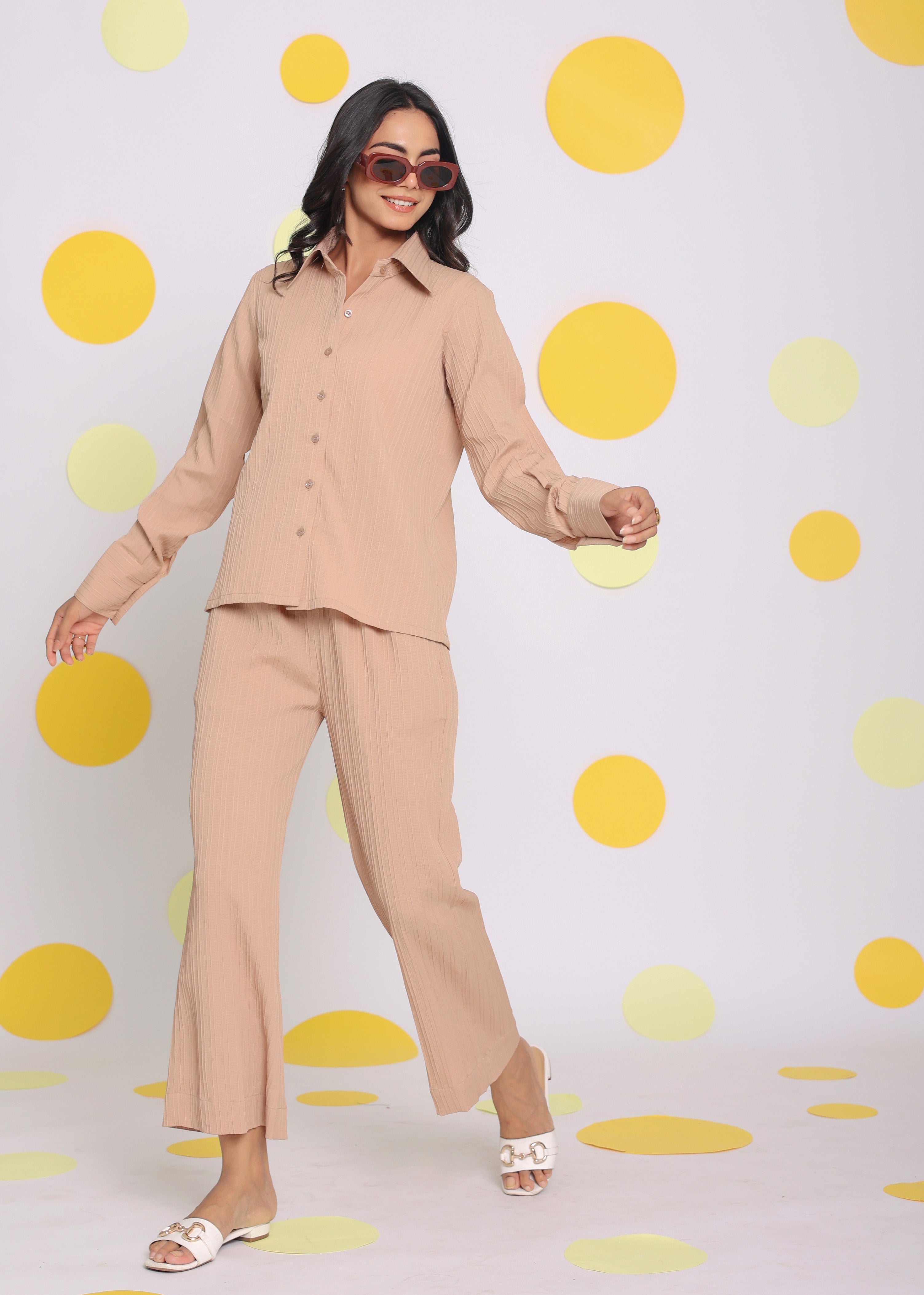 Beige Shirt and Pant Two Piece Set Summer Everyday Wear Co-ord Set - Kaoribyshreya