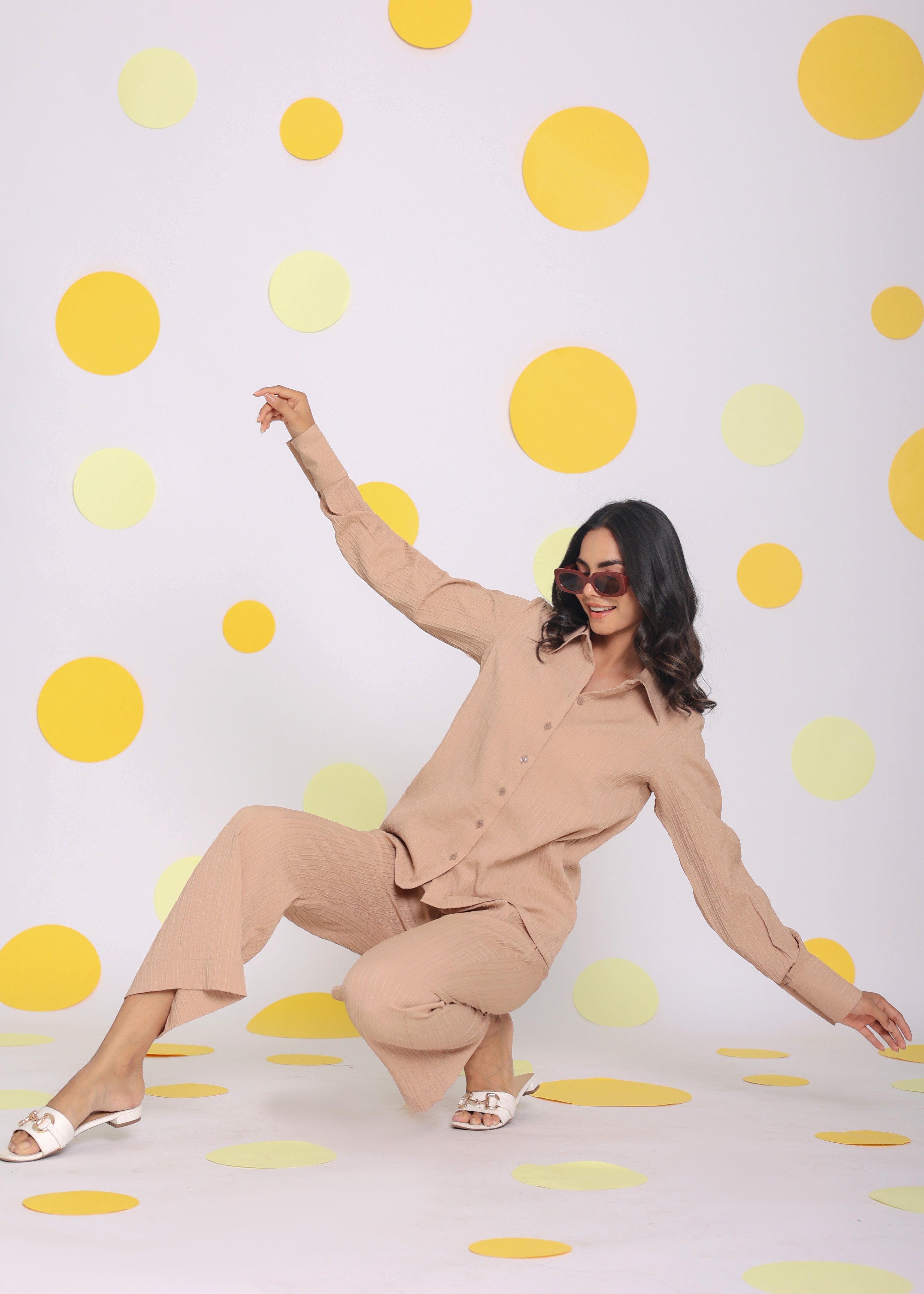 Beige Shirt and Pant Two Piece Set Summer Everyday Wear Co-ord Set - Kaoribyshreya