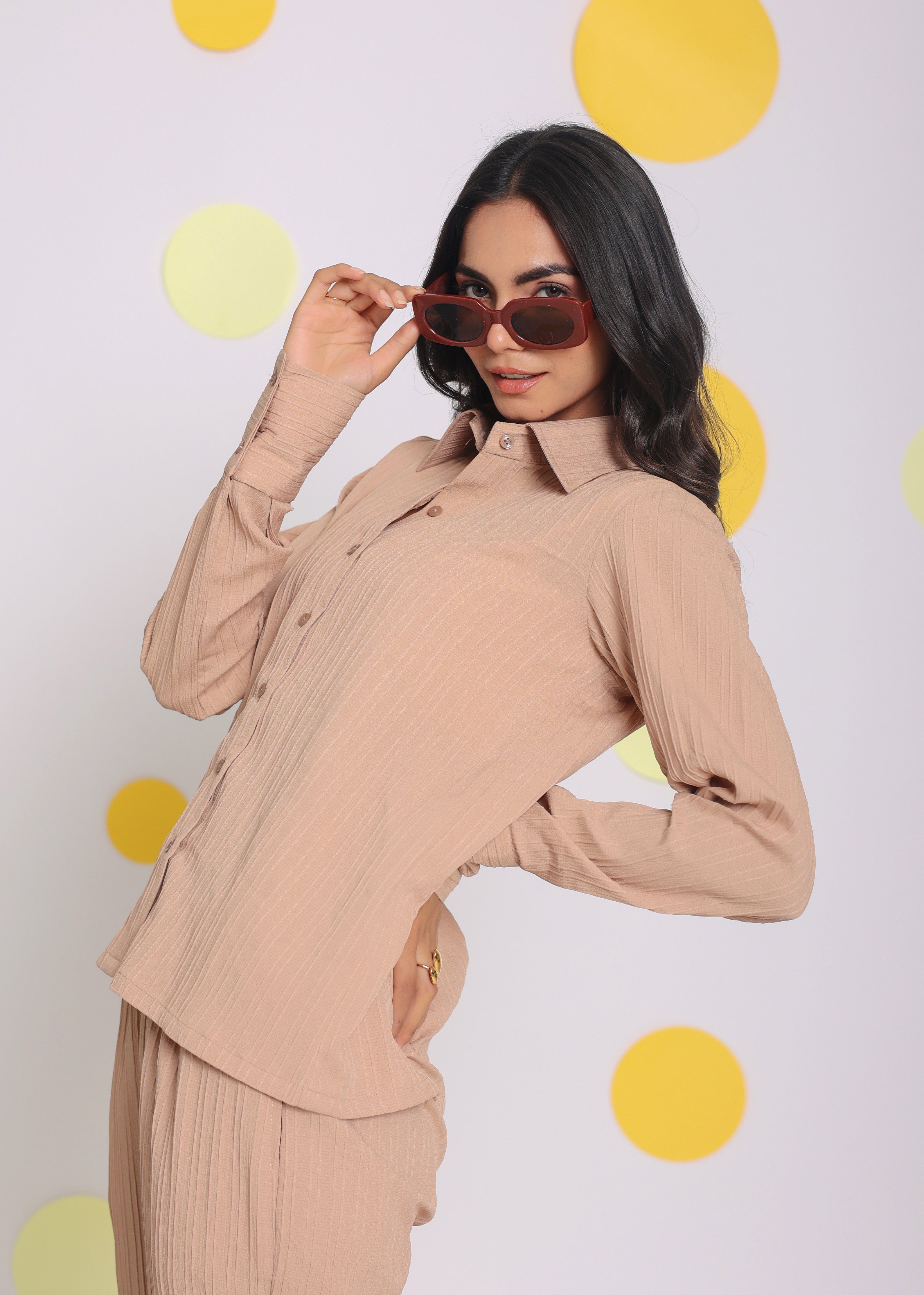 Beige Shirt and Pant Two Piece Set Summer Everyday Wear Co-ord Set - Kaoribyshreya
