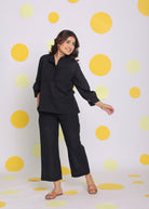 Black Collared Shirt and Pant Two Piece Set Summer Relaxed Linen Co-ord Set - Kaoribyshreya