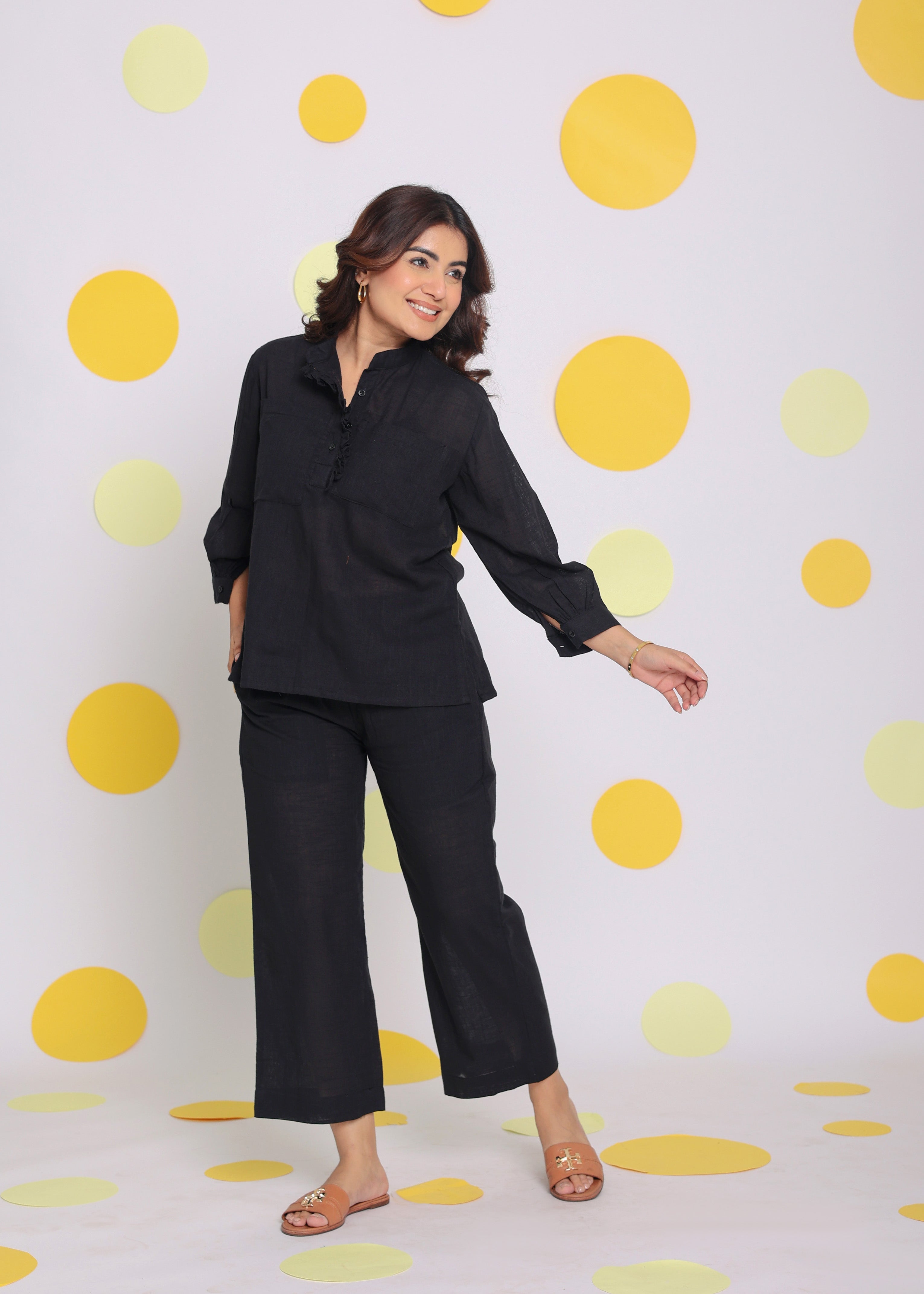 Black Collared Shirt and Pant Two Piece Set Summer Relaxed Linen Co-ord Set - Kaoribyshreya