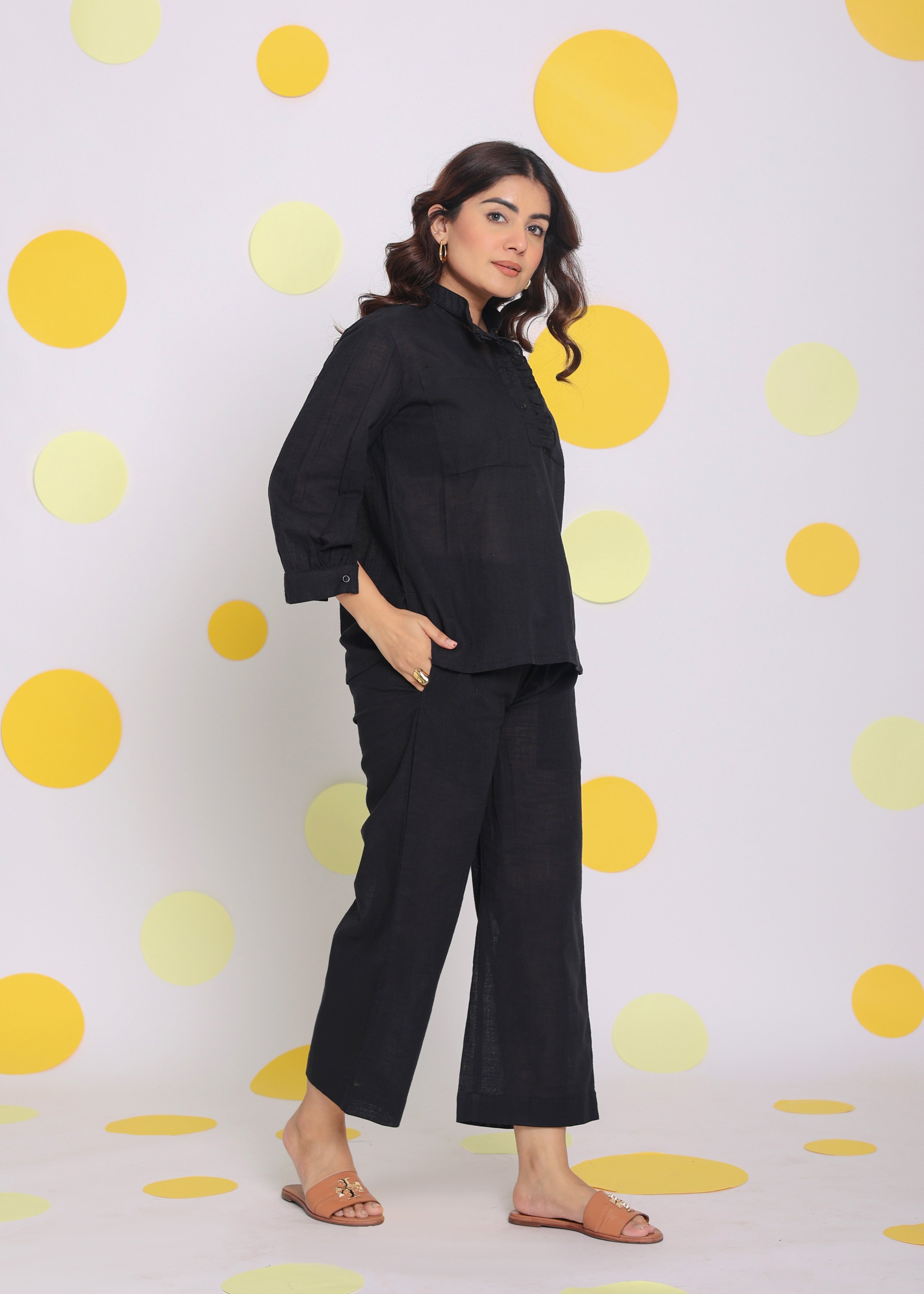 Black Collared Shirt and Pant Two Piece Set Summer Relaxed Linen Co-ord Set - Kaoribyshreya