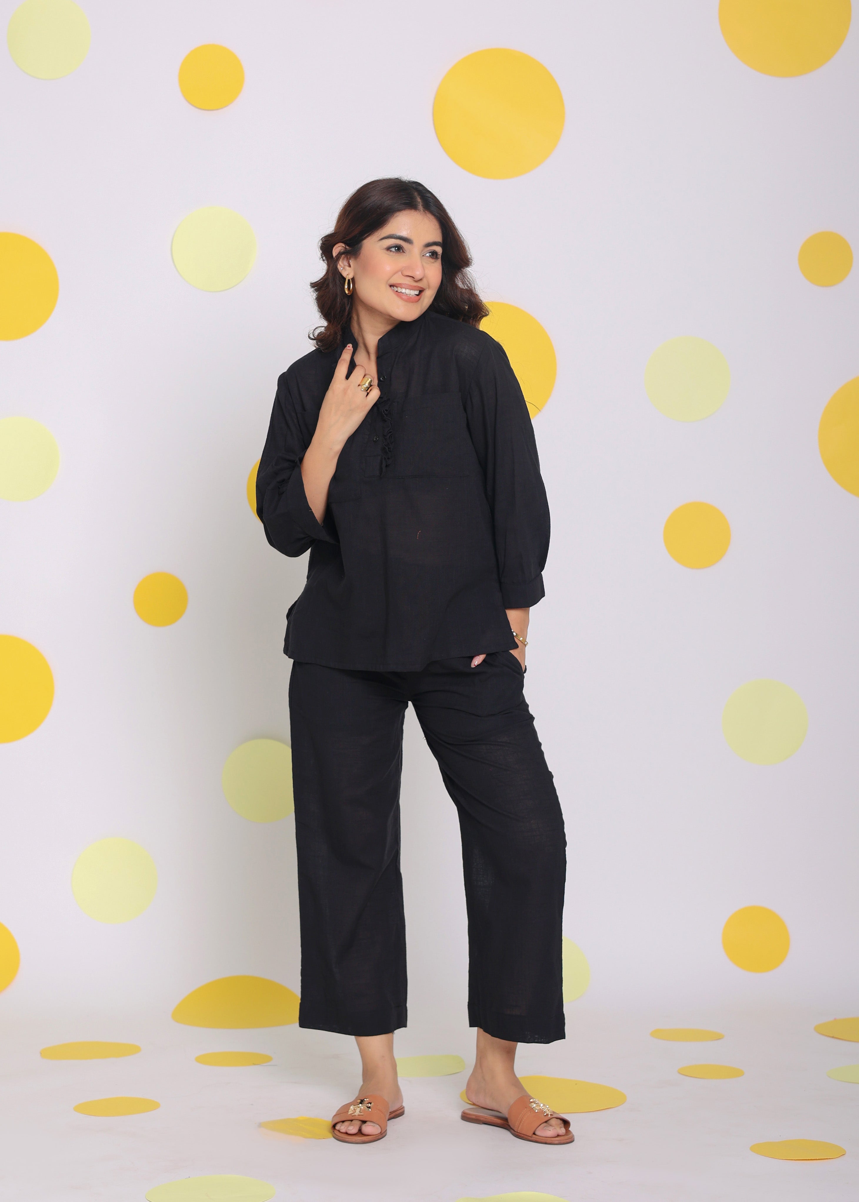 Black Summer Relaxed Buttoned Formal Linen Collared Shirt - Kaoribyshreya