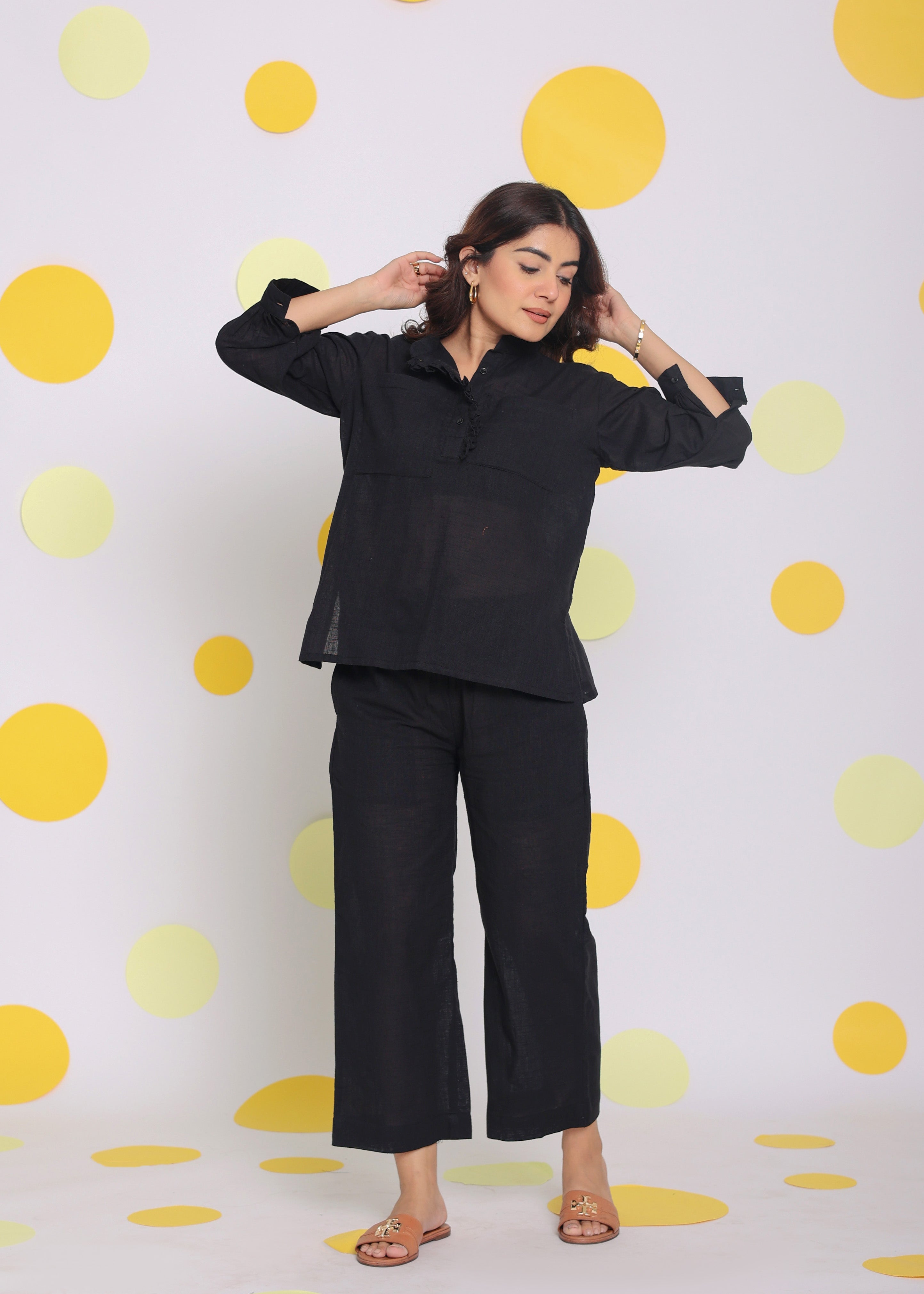 Black Collared Shirt and Pant Two Piece Set Summer Relaxed Linen Co-ord Set - Kaoribyshreya