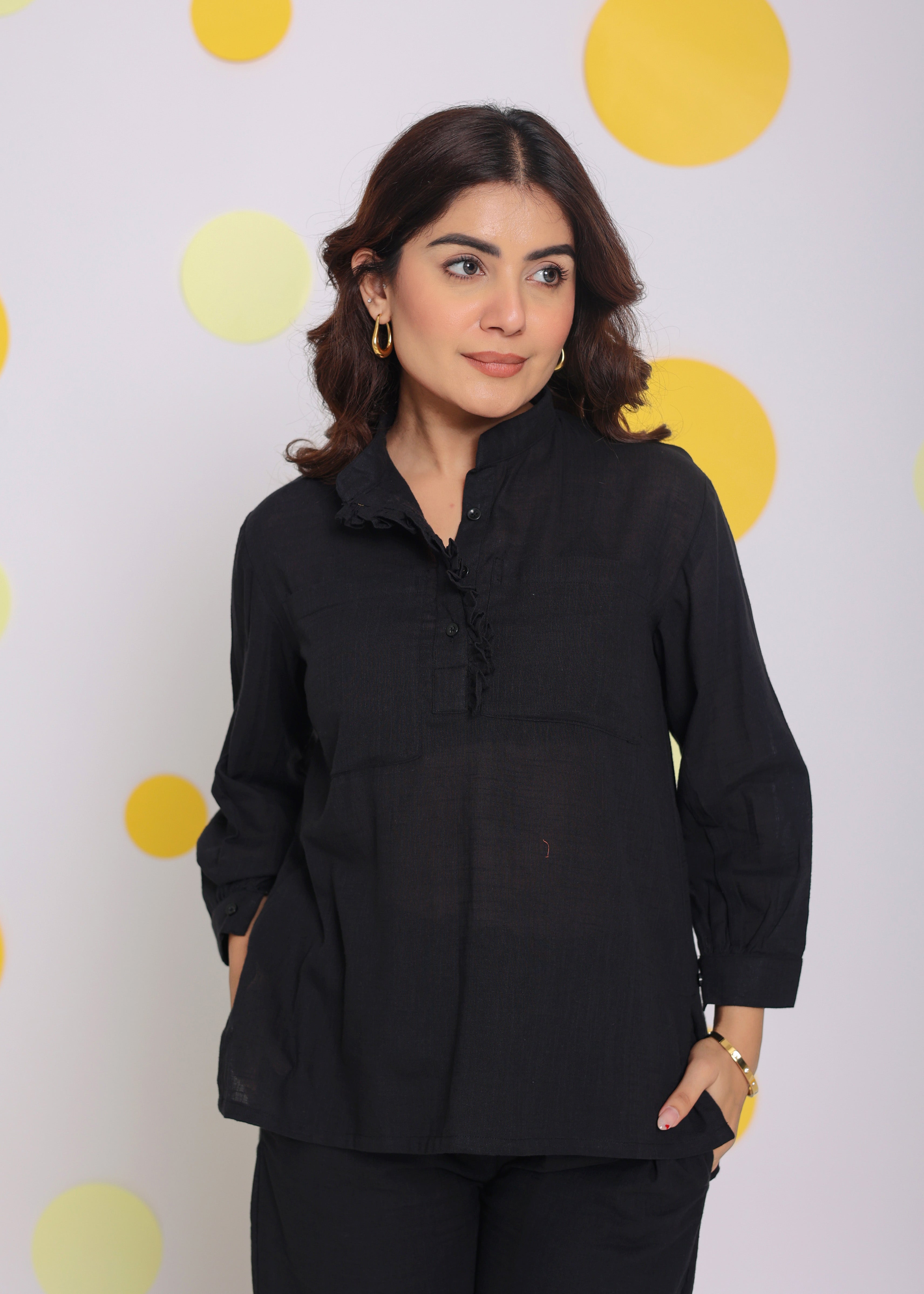 Black Summer Relaxed Buttoned Formal Linen Collared Shirt - Kaoribyshreya