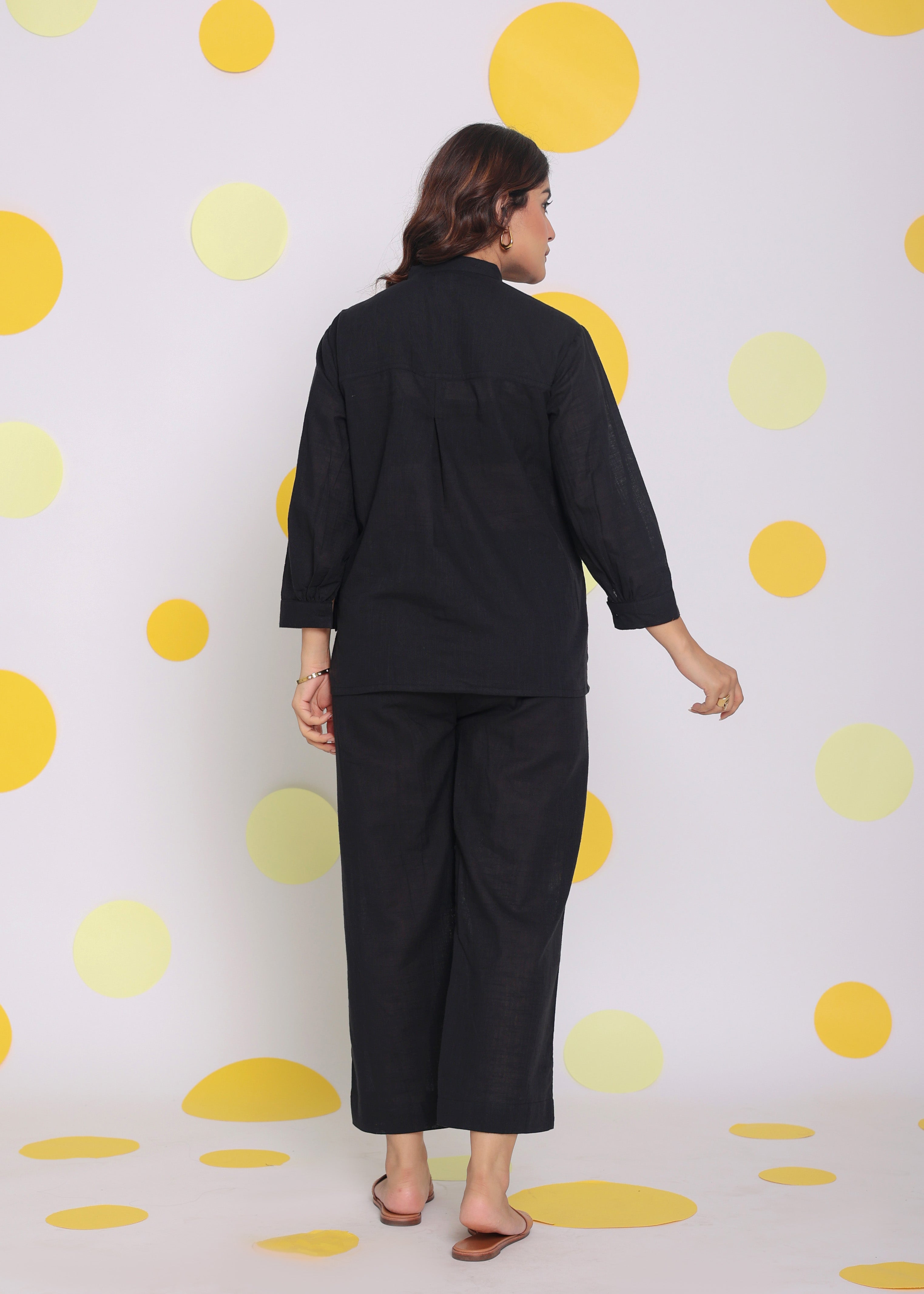 Black Collared Shirt and Pant Two Piece Set Summer Relaxed Linen Co-ord Set - Kaoribyshreya