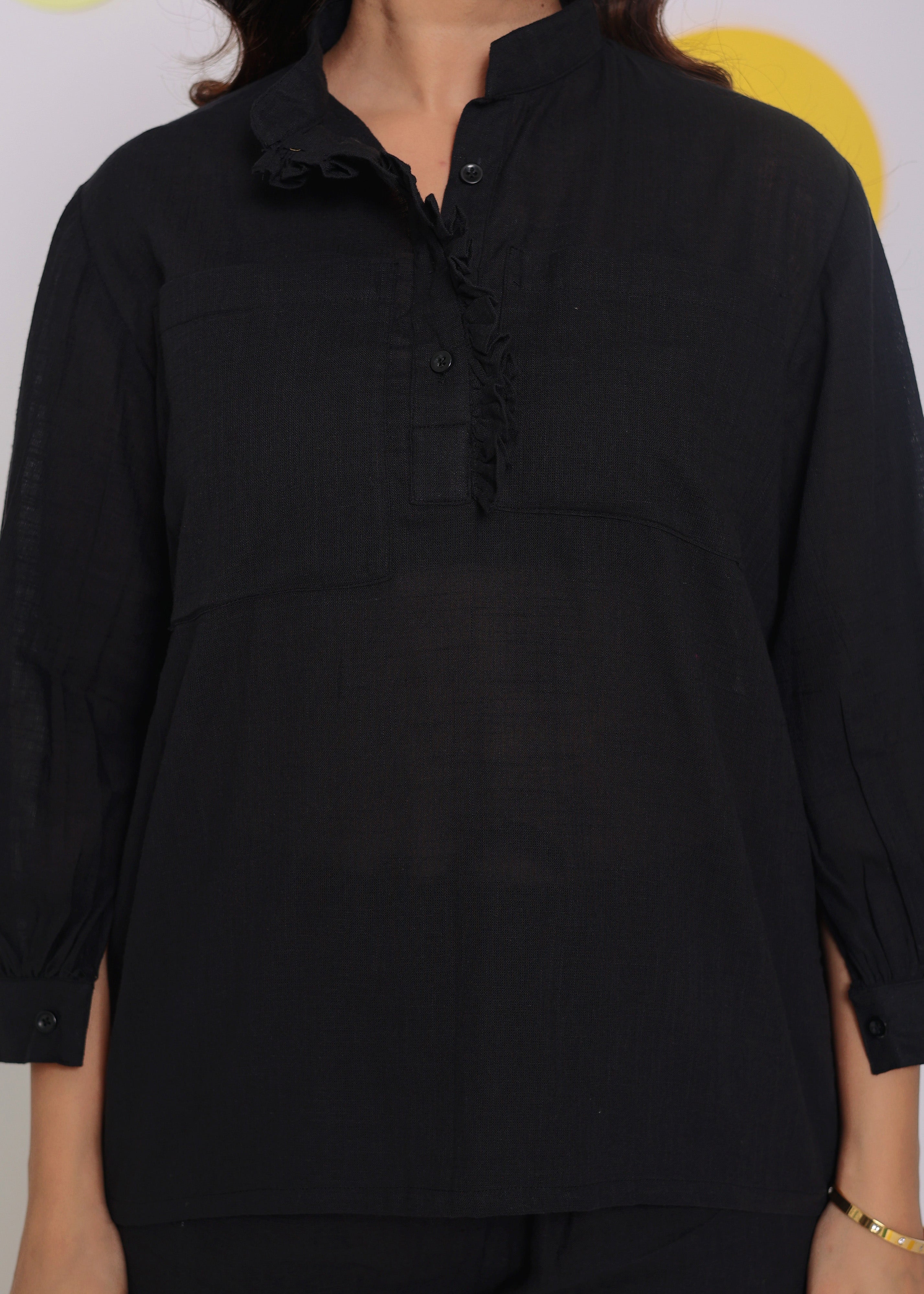 Black Collared Shirt and Pant Two Piece Set Summer Relaxed Linen Co-ord Set - Kaoribyshreya