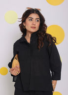 Black Collared Shirt and Pant Two Piece Set Summer Relaxed Linen Co-ord Set - Kaoribyshreya