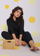 Black Collared Shirt and Pant Two Piece Set Summer Relaxed Linen Co-ord Set - Kaoribyshreya