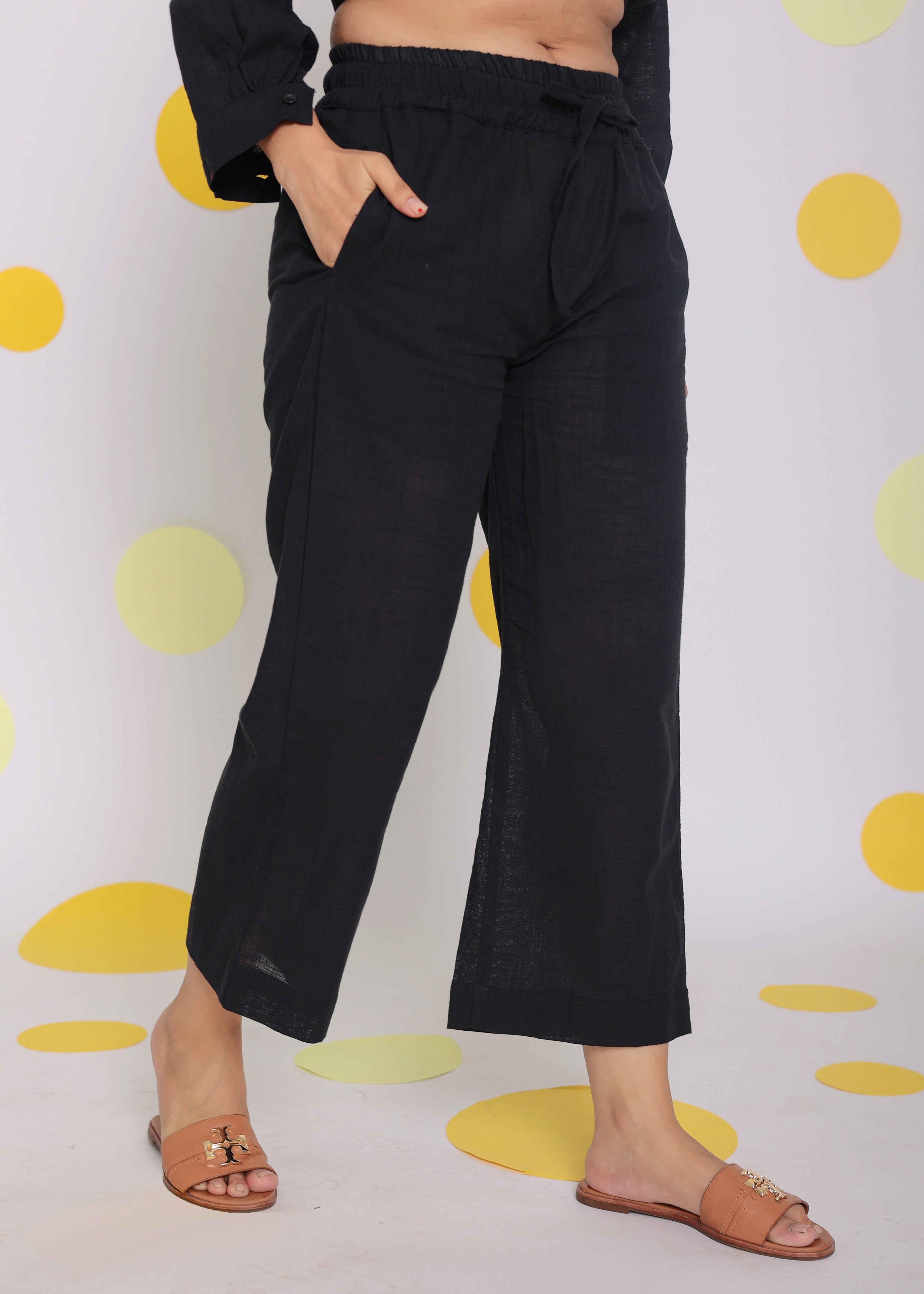 Black Collared Shirt and Pant Two Piece Set Summer Relaxed Linen Co-ord Set - Kaoribyshreya