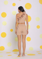 Beige One Shoulder Off Frilled Top and Shorts Two Piece Set Summer Co-ord Set - Kaoribyshreya