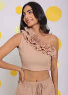 Beige One Shoulder Off Frilled Top and Shorts Two Piece Set Summer Co-ord Set - Kaoribyshreya
