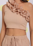 Beige One Shoulder Off Frilled Top and Shorts Two Piece Set Summer Co-ord Set - Kaoribyshreya