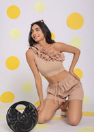Beige One Shoulder Off Frilled Top and Shorts Two Piece Set Summer Co-ord Set - Kaoribyshreya