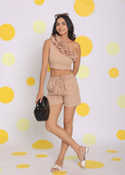 Beige One Shoulder Off Frilled Top and Shorts Two Piece Set Summer Co-ord Set - Kaoribyshreya
