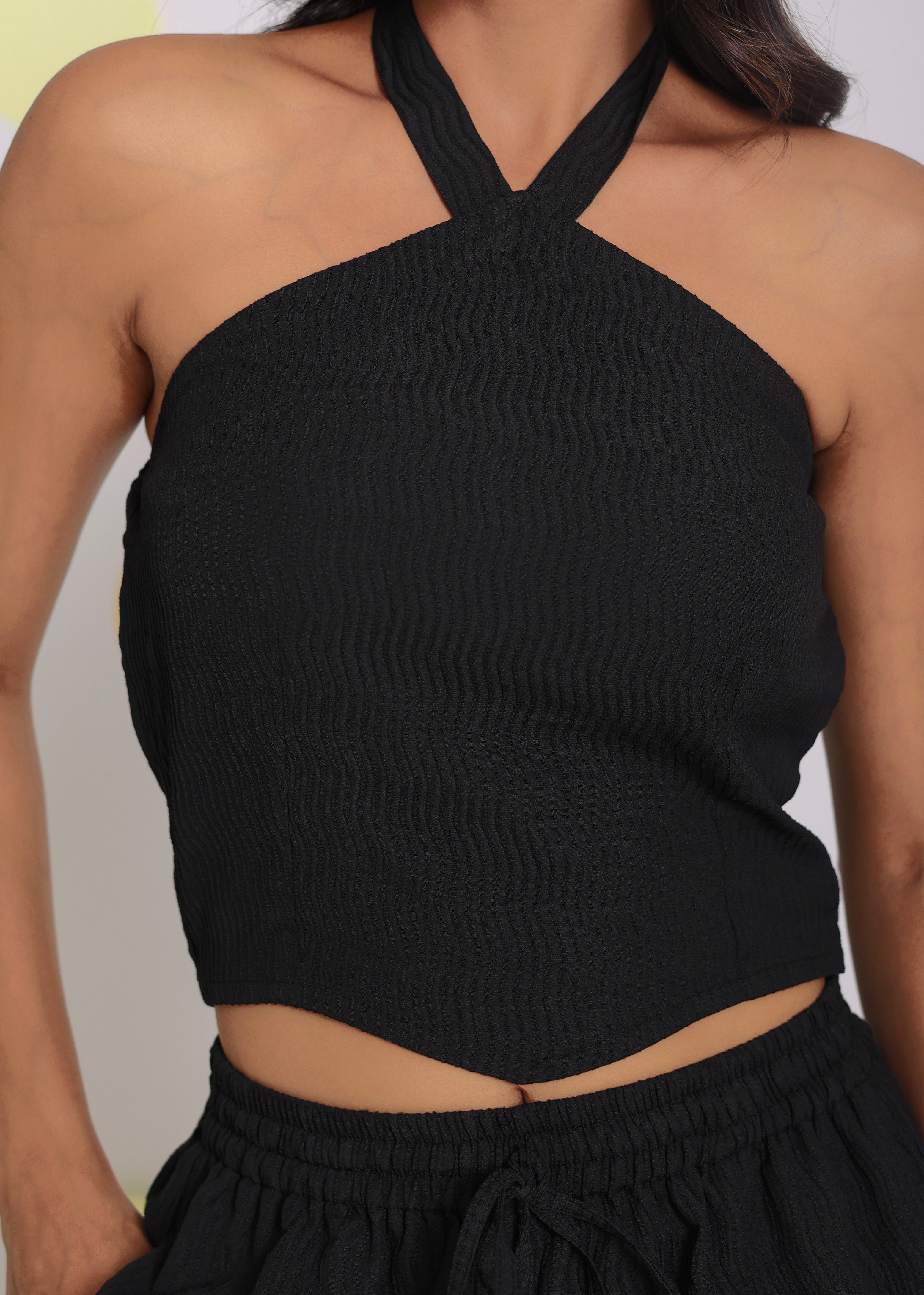 Black Halter Neck Crop Top and Shorts Two Piece Set Summer Relaxed Co-ord Set - Kaoribyshreya