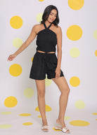 Black Halter Neck Crop Top and Shorts Two Piece Set Summer Relaxed Co-ord Set - Kaoribyshreya