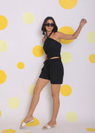 Black Halter Neck Crop Top and Shorts Two Piece Set Summer Relaxed Co-ord Set - Kaoribyshreya