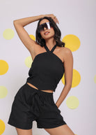 Black Halter Neck Crop Top and Shorts Two Piece Set Summer Relaxed Co-ord Set - Kaoribyshreya