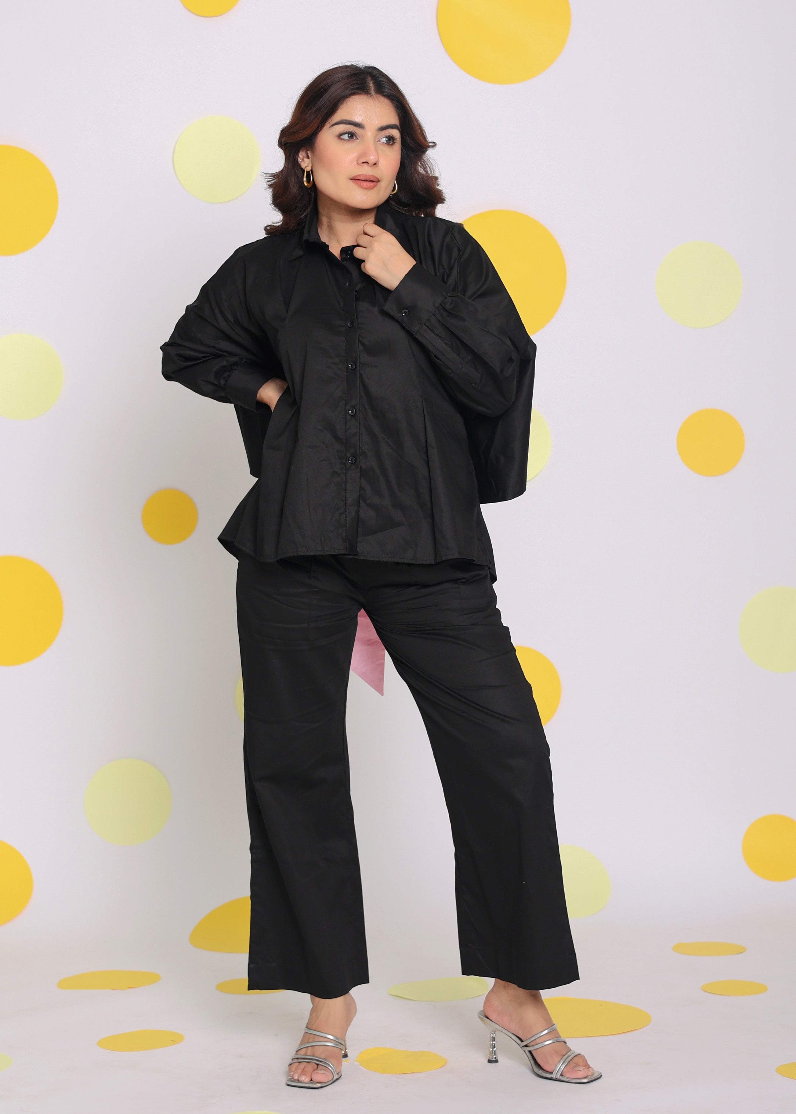 Black Buttoned Shirt with Baby Pink Back Tie up and Pant Summer Everyday Wear 100% Cotton Co-ord Set - Kaoribyshreya