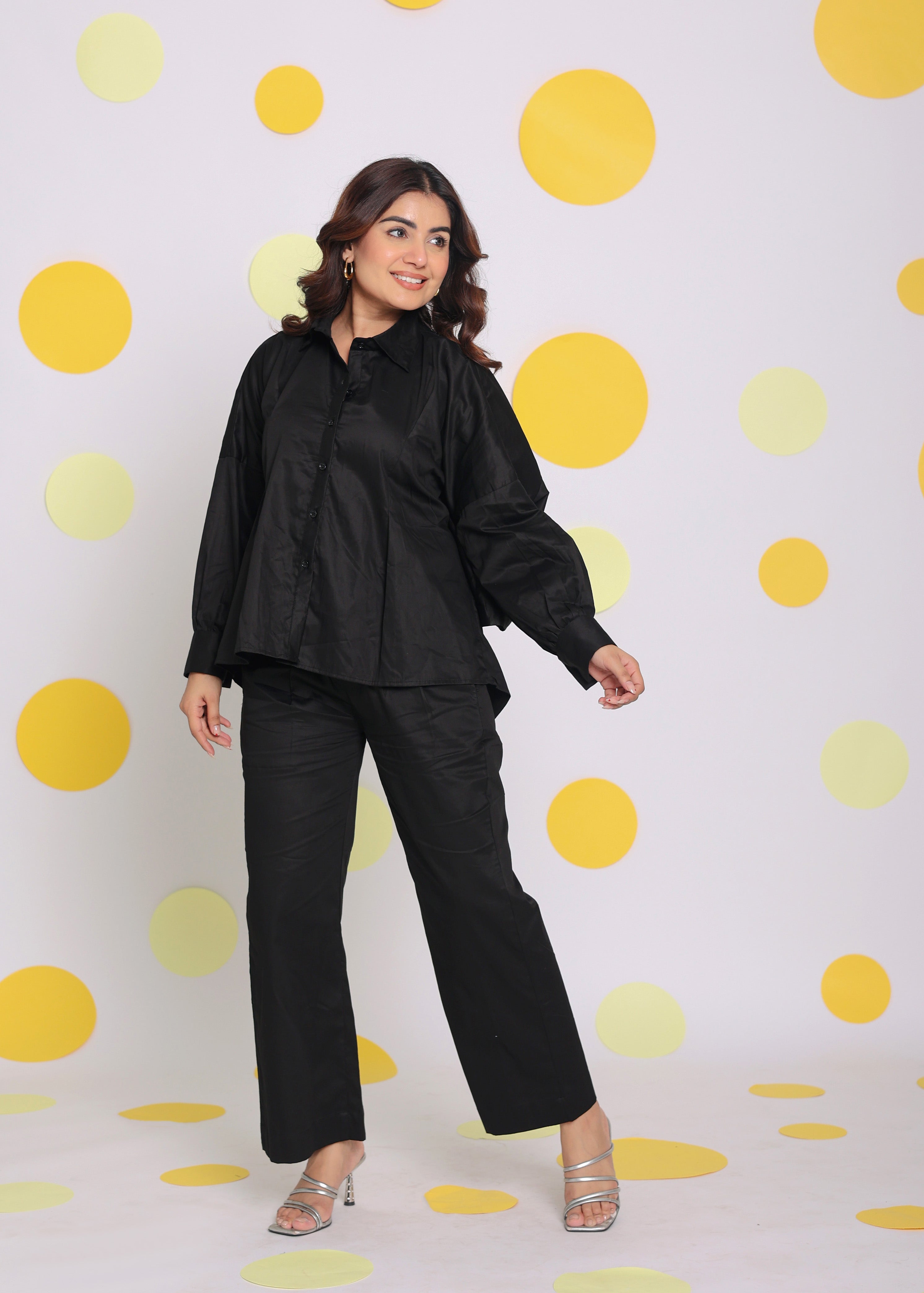 Black Buttoned Shirt with Baby Pink Back Tie up and Pant Summer Everyday Wear 100% Cotton Co-ord Set - Kaoribyshreya