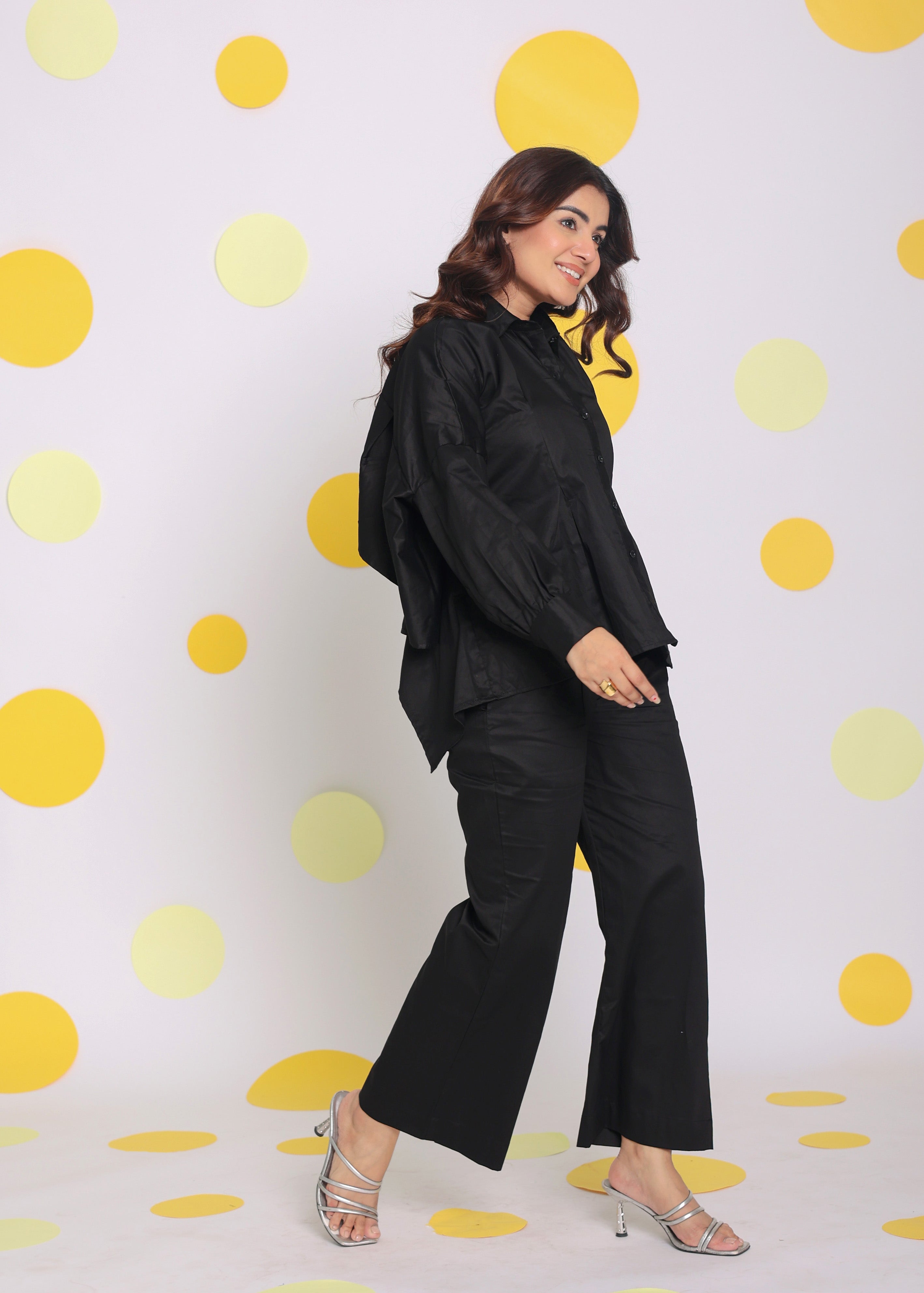 Black Buttoned Shirt with Baby Pink Back Tie up and Pant Summer Everyday Wear 100% Cotton Co-ord Set - Kaoribyshreya
