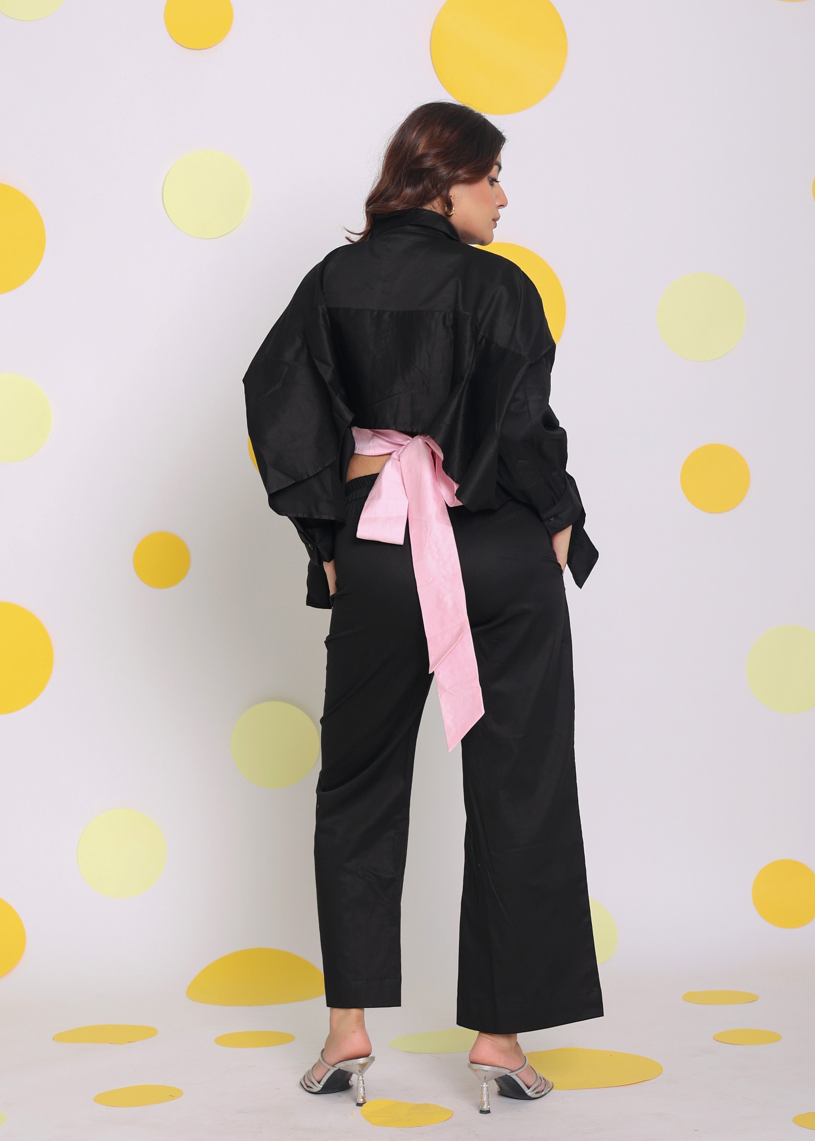 Black Buttoned Shirt with Baby Pink Back Tie up and Pant Summer Everyday Wear 100% Cotton Co-ord Set - Kaoribyshreya