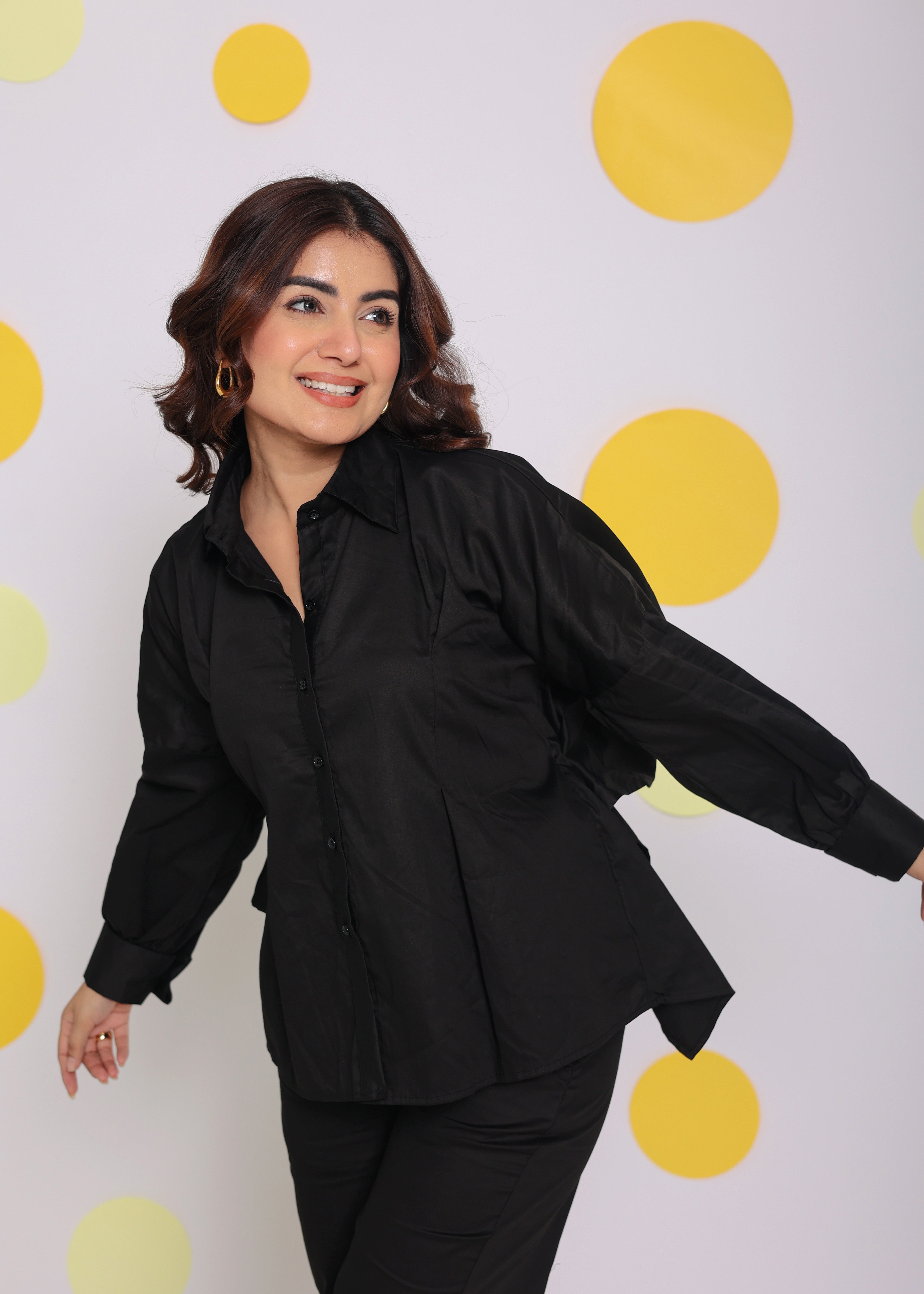Black Buttoned Shirt with Baby Pink Back Tie up and Pant Summer Everyday Wear 100% Cotton Co-ord Set - Kaoribyshreya
