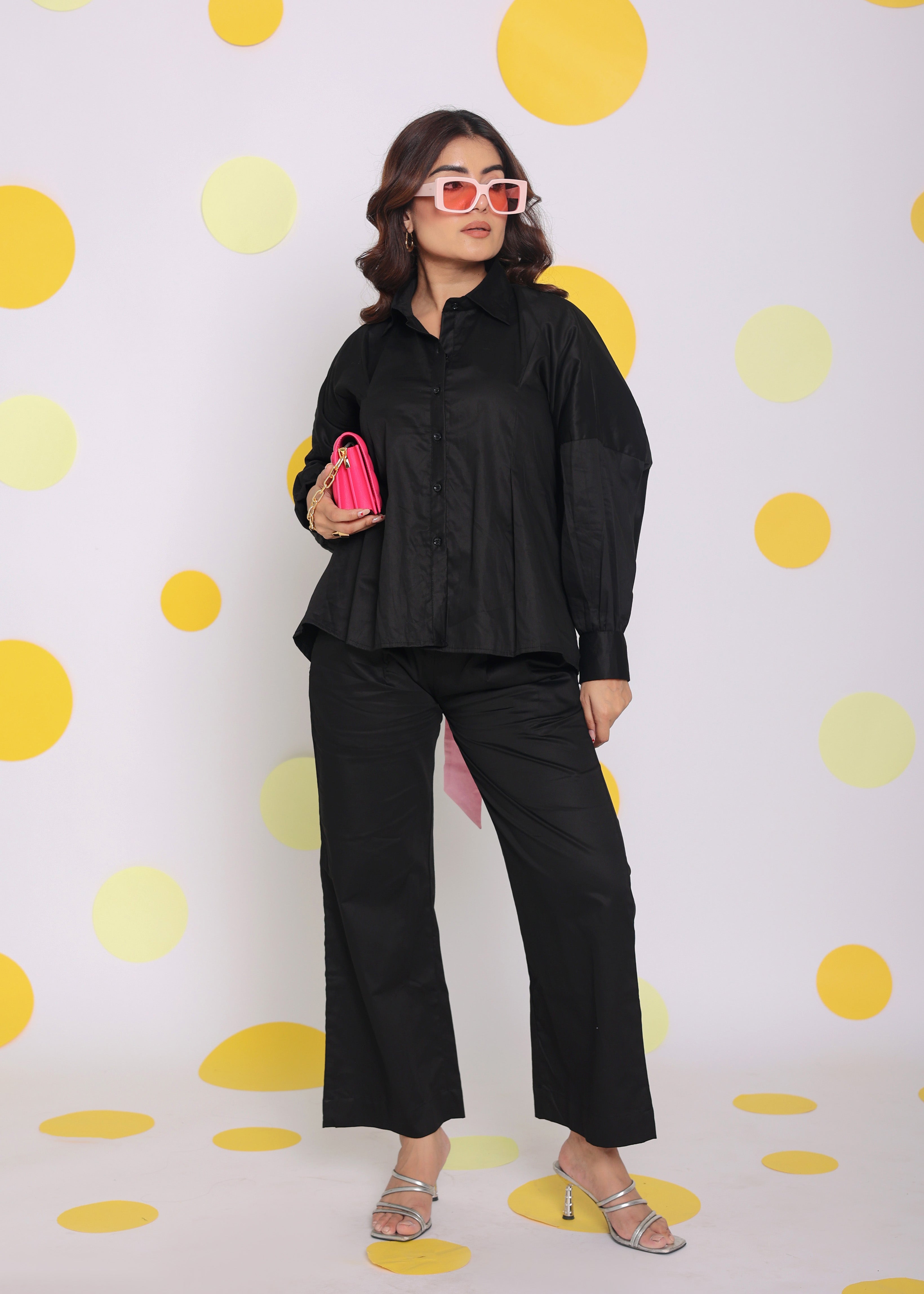 Black Buttoned Shirt with Baby Pink Back Tie up and Pant Summer Everyday Wear 100% Cotton Co-ord Set - Kaoribyshreya