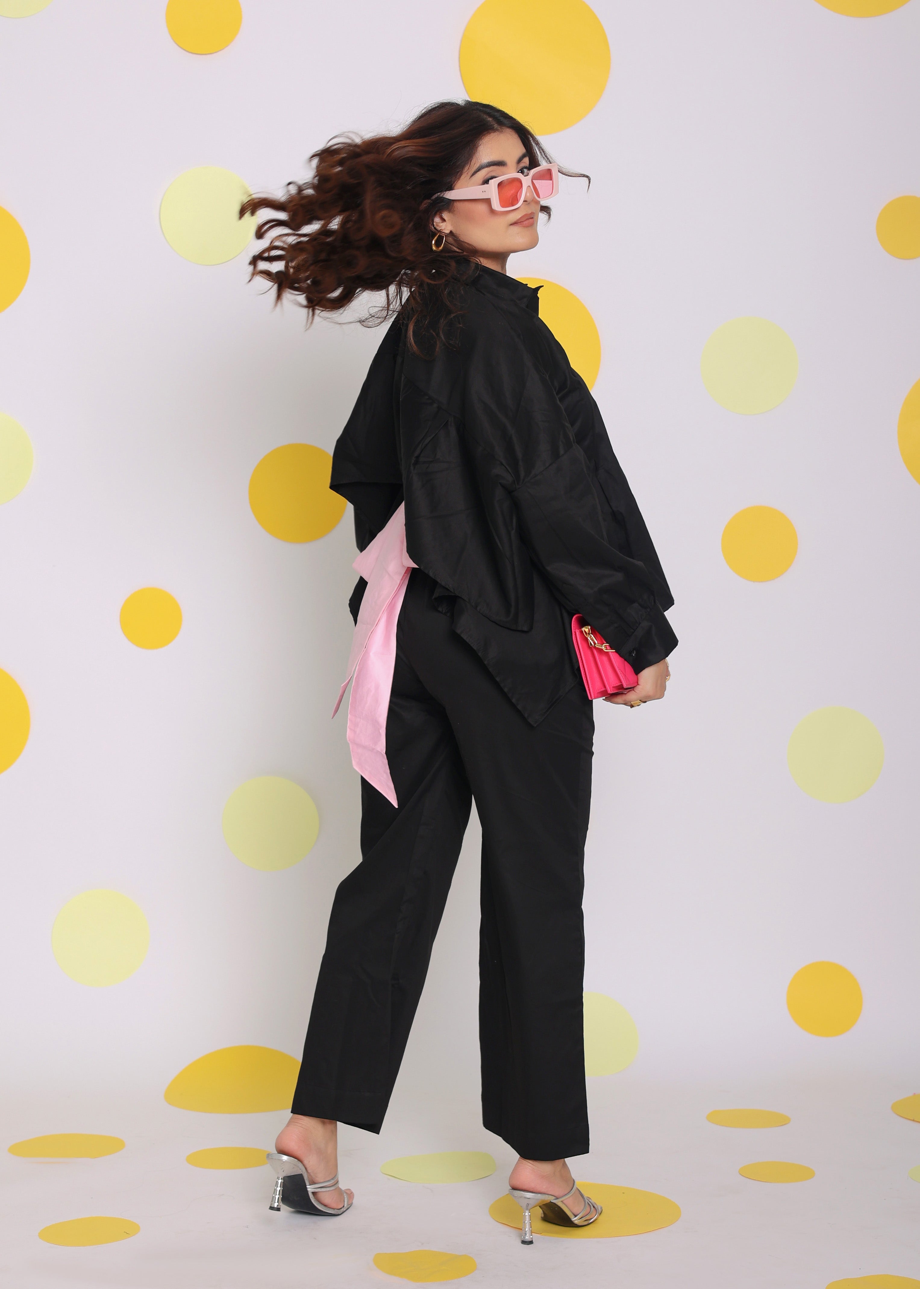 Black Buttoned Shirt with Baby Pink Back Tie up and Pant Summer Everyday Wear 100% Cotton Co-ord Set - Kaoribyshreya