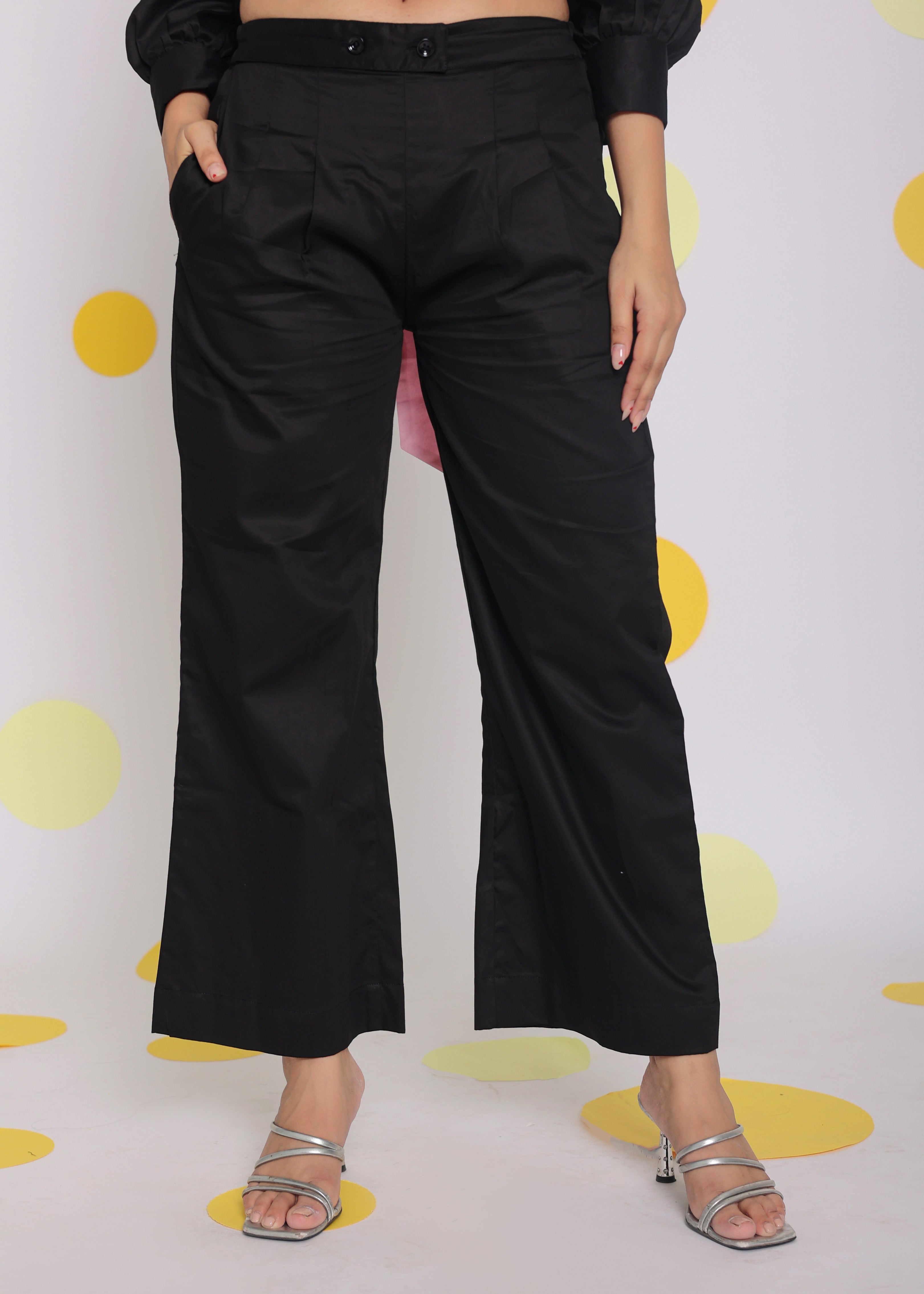 Black Buttoned Shirt with Baby Pink Back Tie up and Pant Summer Everyday Wear 100% Cotton Co-ord Set - Kaoribyshreya