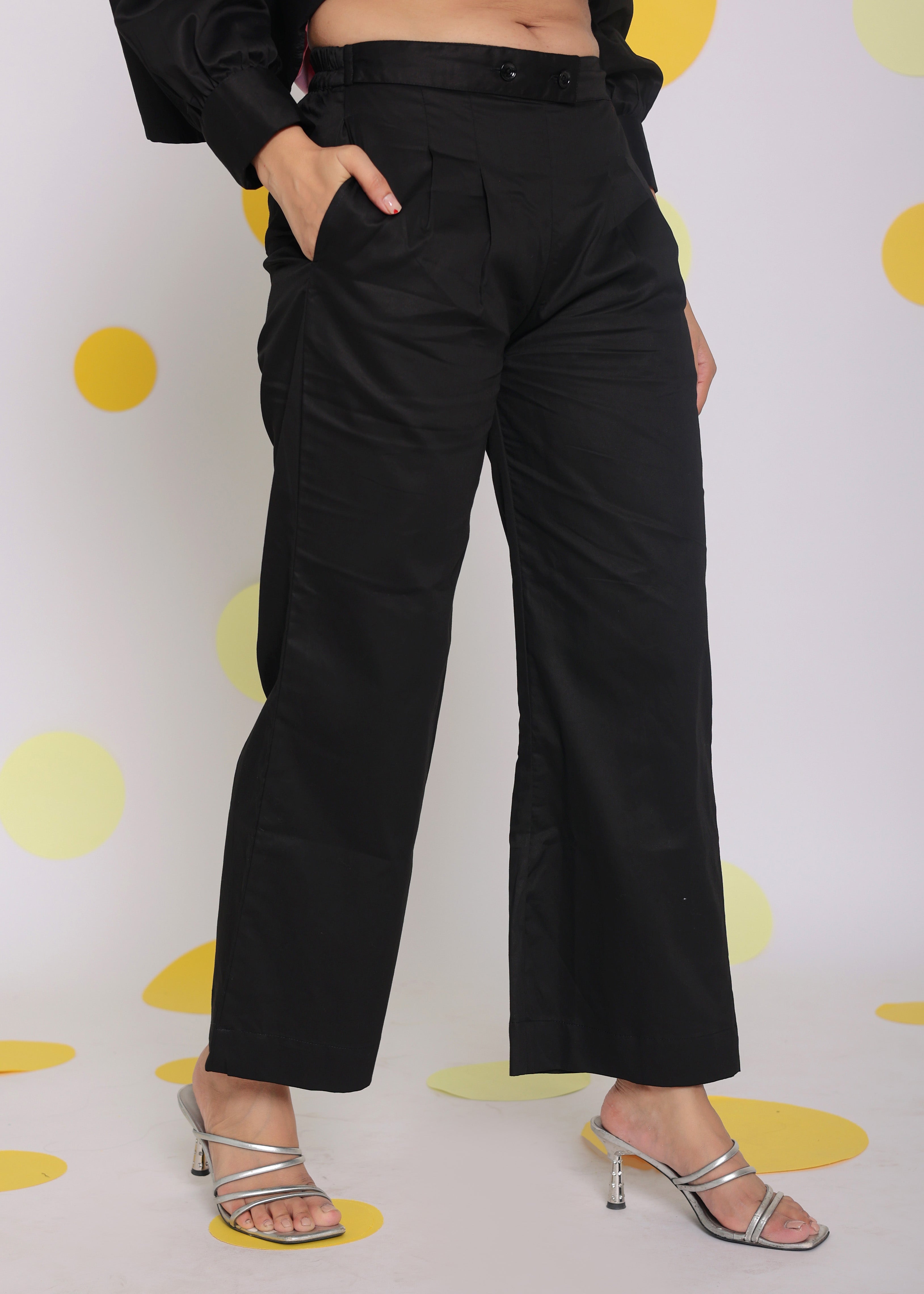 Black Summer Relaxed Buttoned Everyday Wear 100% Cotton Pants - Kaoribyshreya