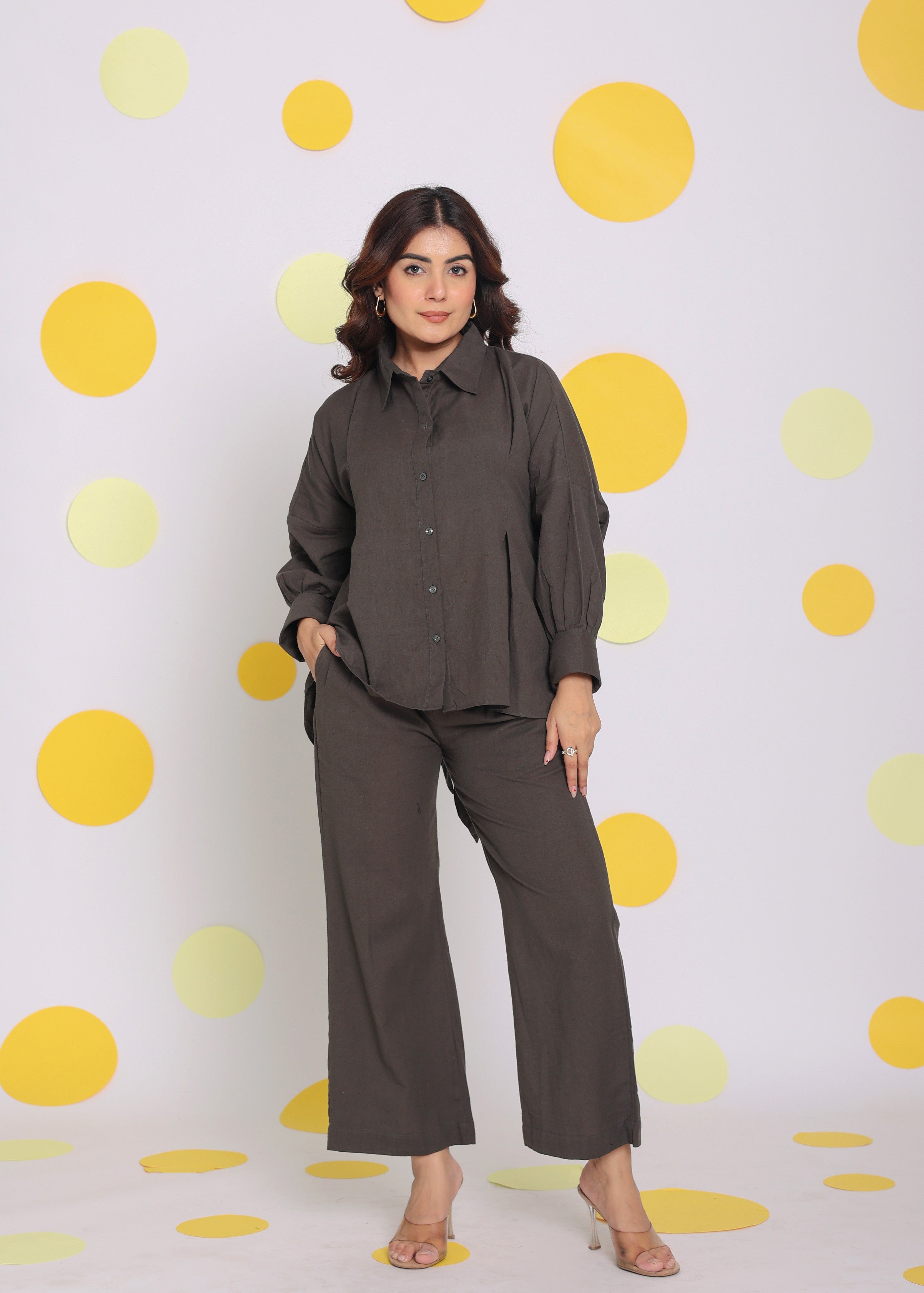 Grey Buttoned Shirt and Pant Two Piece Set Relaxed Linen Co-ord Set - Kaoribyshreya