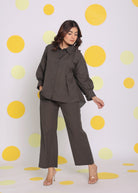 Grey Buttoned Shirt and Pant Two Piece Set Relaxed Linen Co-ord Set - Kaoribyshreya