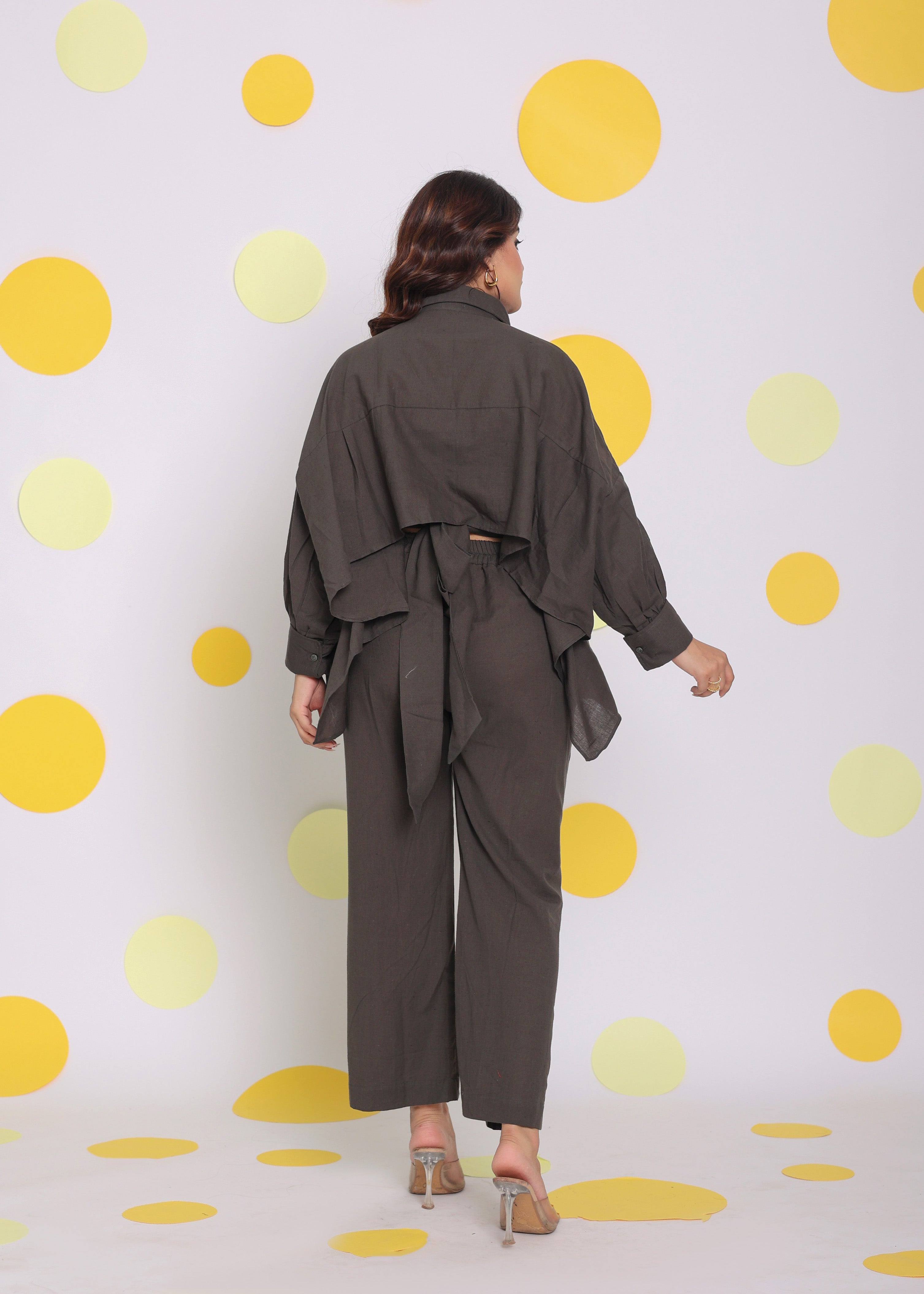 Grey Buttoned Shirt and Pant Two Piece Set Relaxed Linen Co-ord Set - Kaoribyshreya