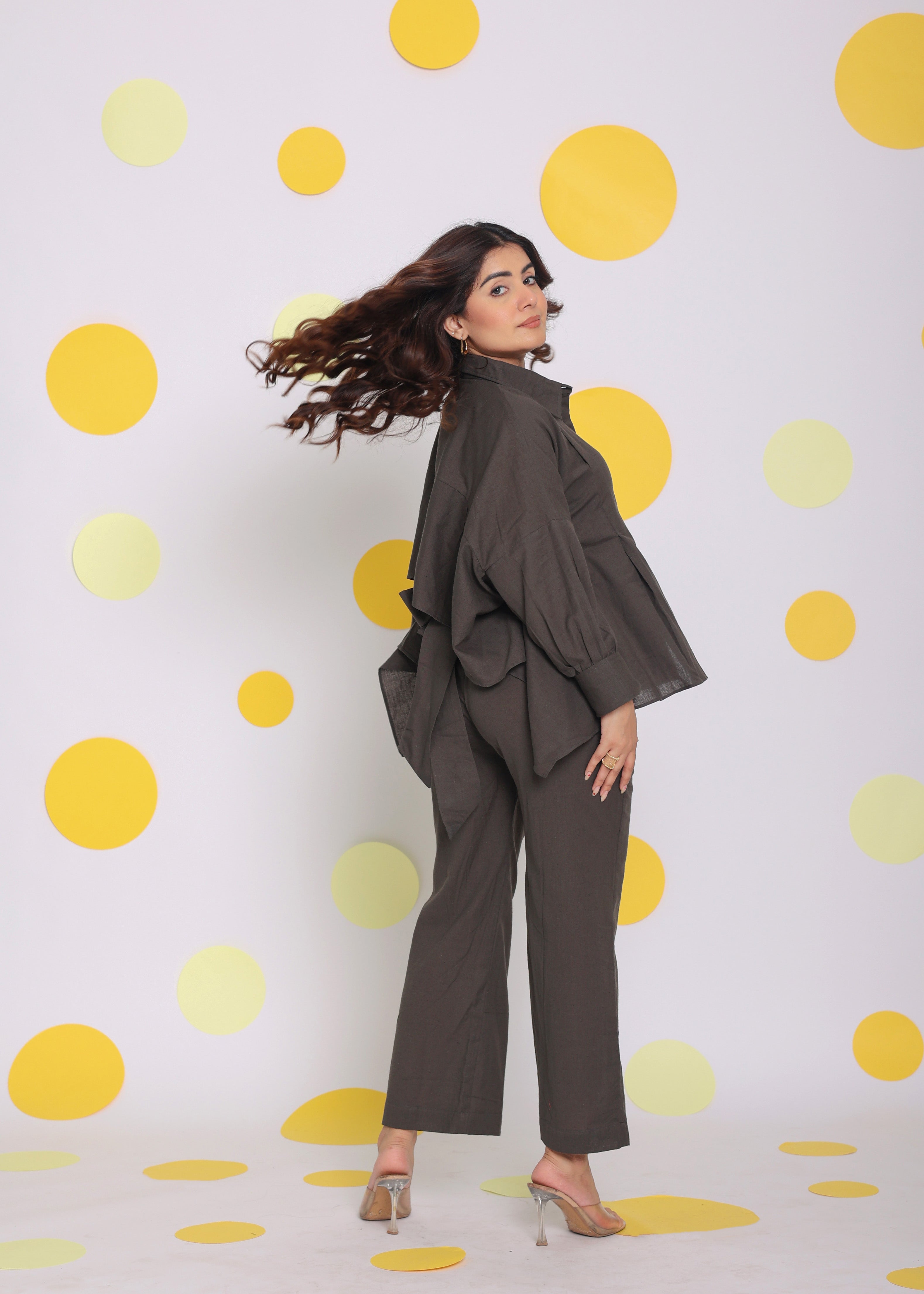 Grey Buttoned Shirt and Pant Two Piece Set Relaxed Linen Co-ord Set - Kaoribyshreya