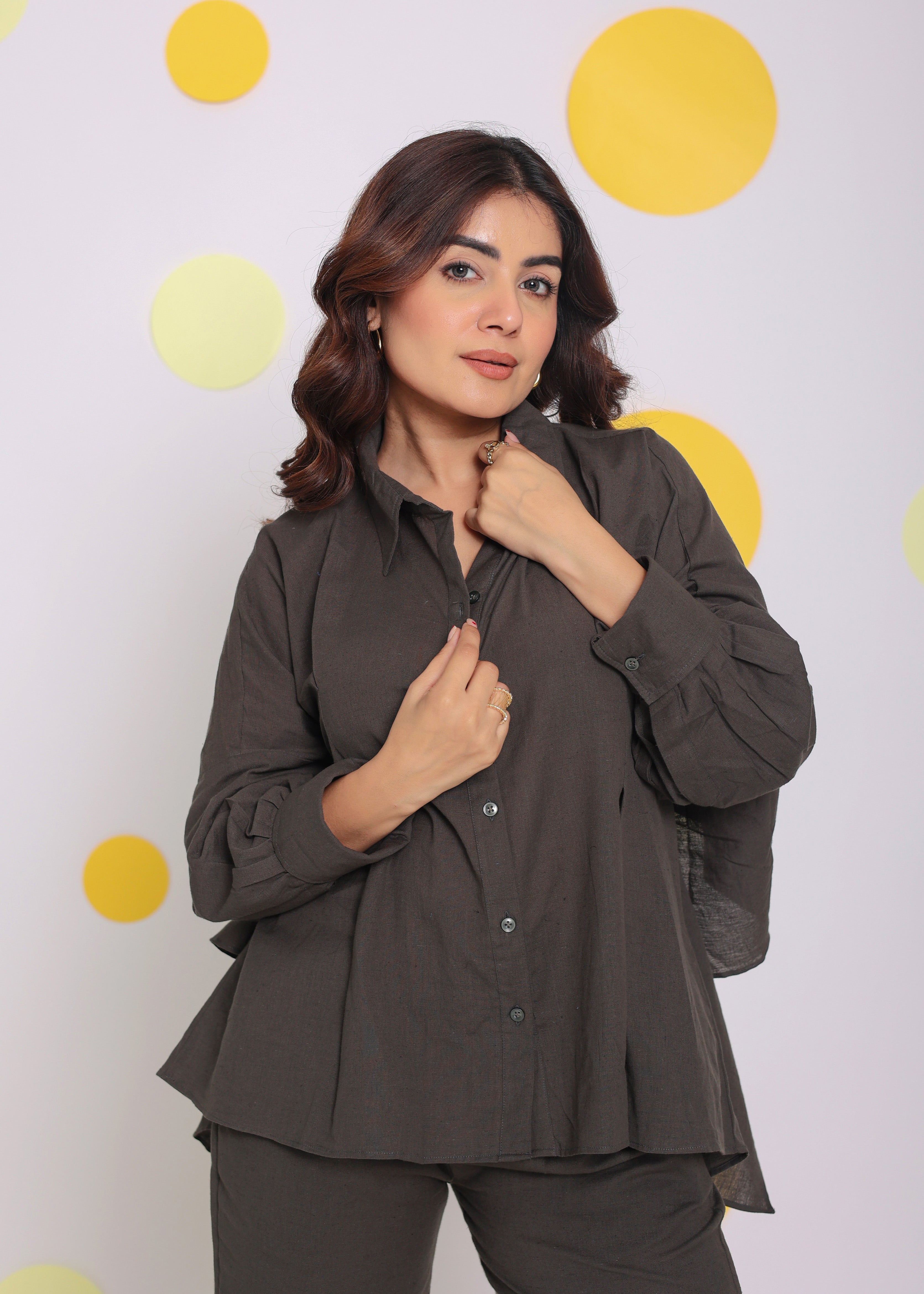 Grey Summer Relaxed Buttoned Formal Linen Collared Shirt - Kaoribyshreya