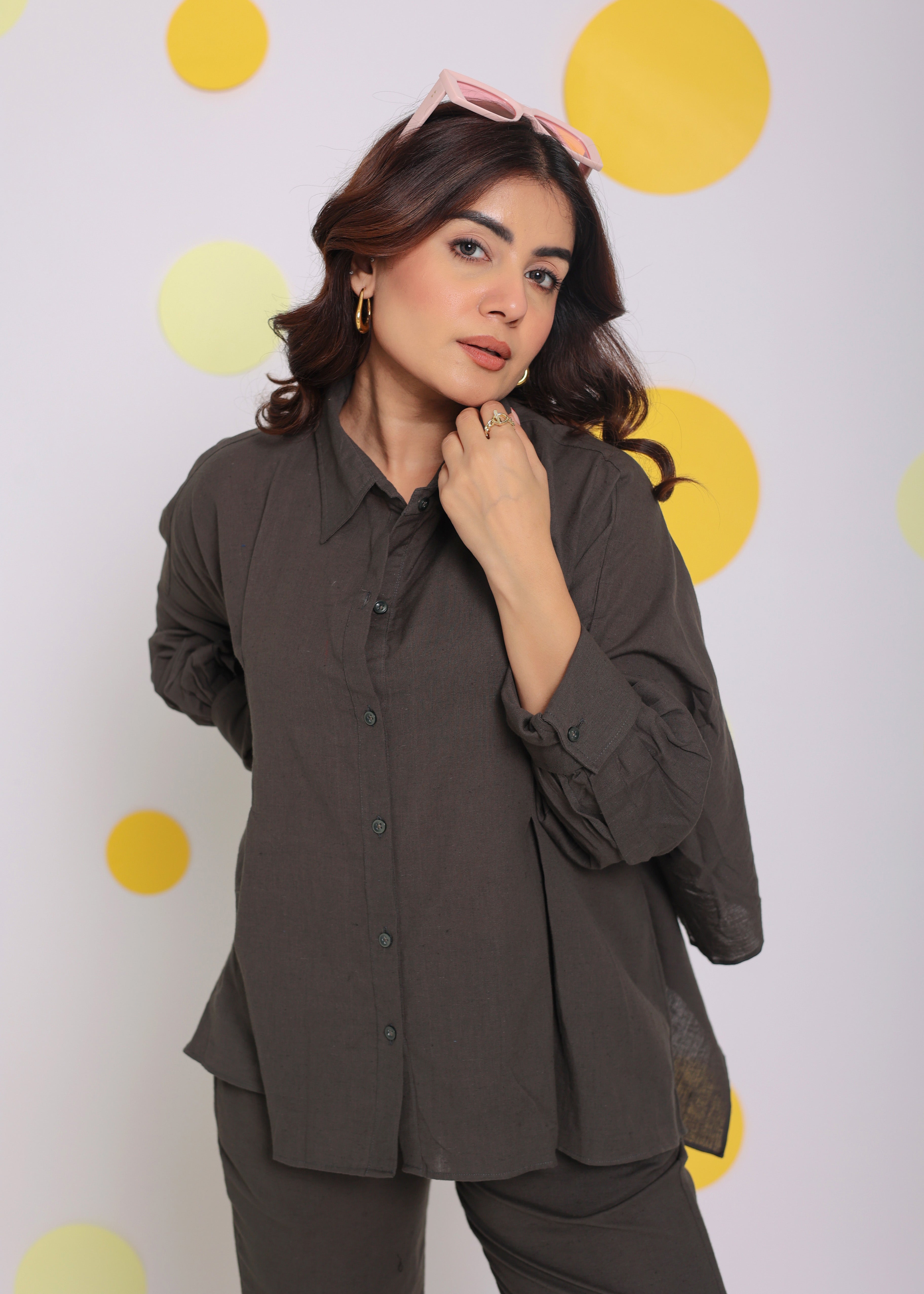 Grey Buttoned Shirt and Pant Two Piece Set Relaxed Linen Co-ord Set - Kaoribyshreya