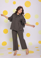 Grey Buttoned Shirt and Pant Two Piece Set Relaxed Linen Co-ord Set - Kaoribyshreya