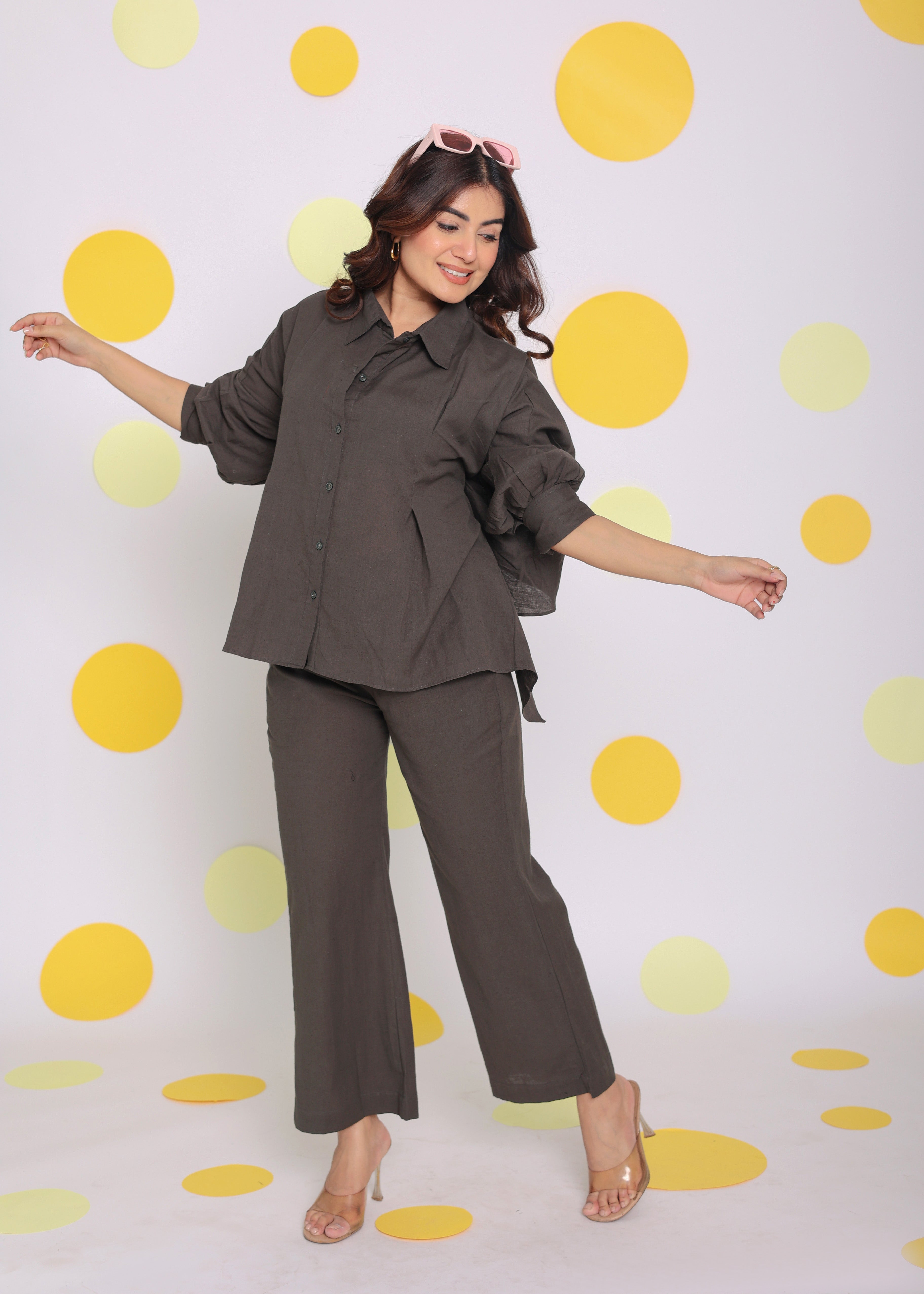 Grey Buttoned Shirt and Pant Two Piece Set Relaxed Linen Co-ord Set - Kaoribyshreya