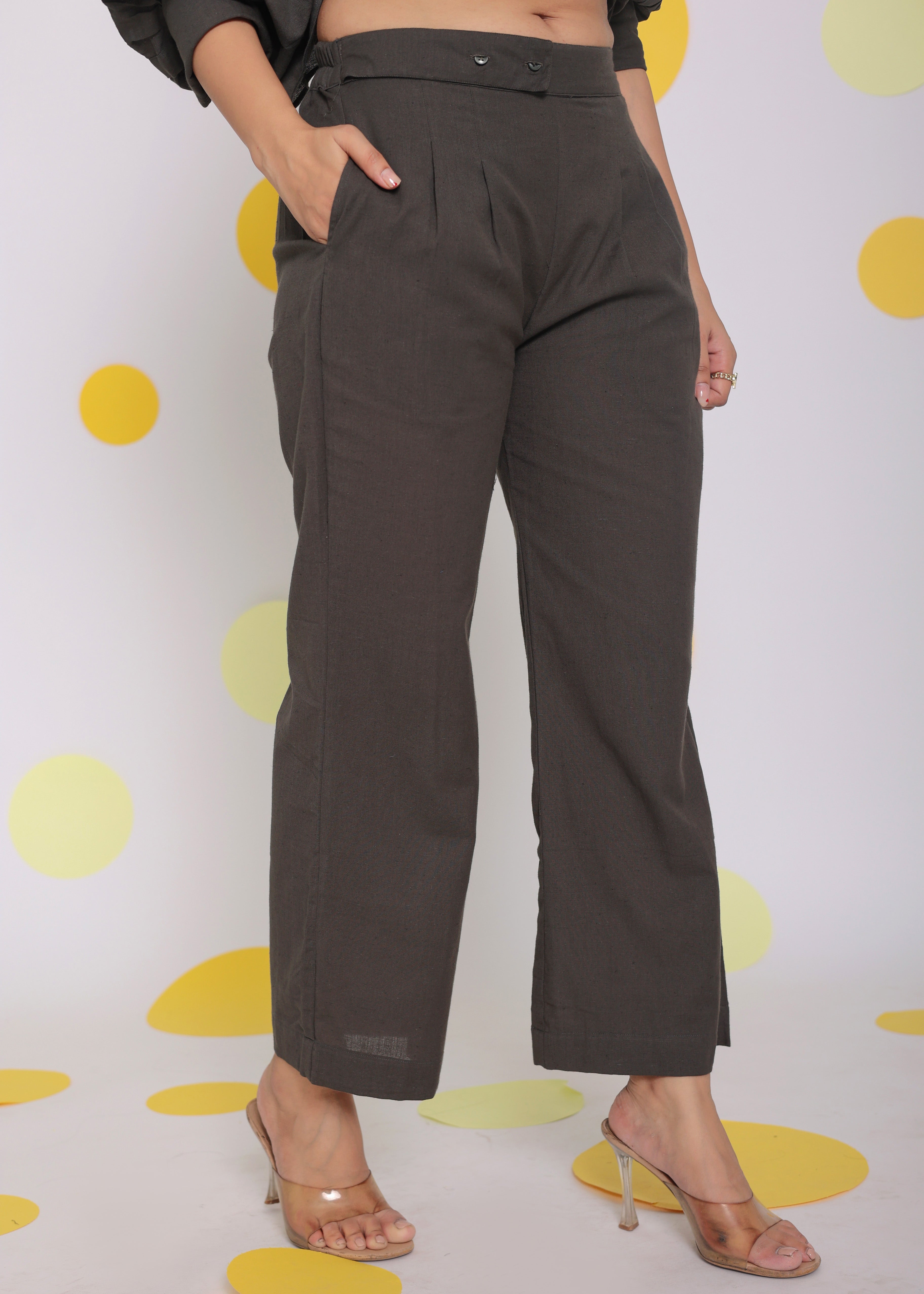 Grey Buttoned Shirt and Pant Two Piece Set Relaxed Linen Co-ord Set - Kaoribyshreya