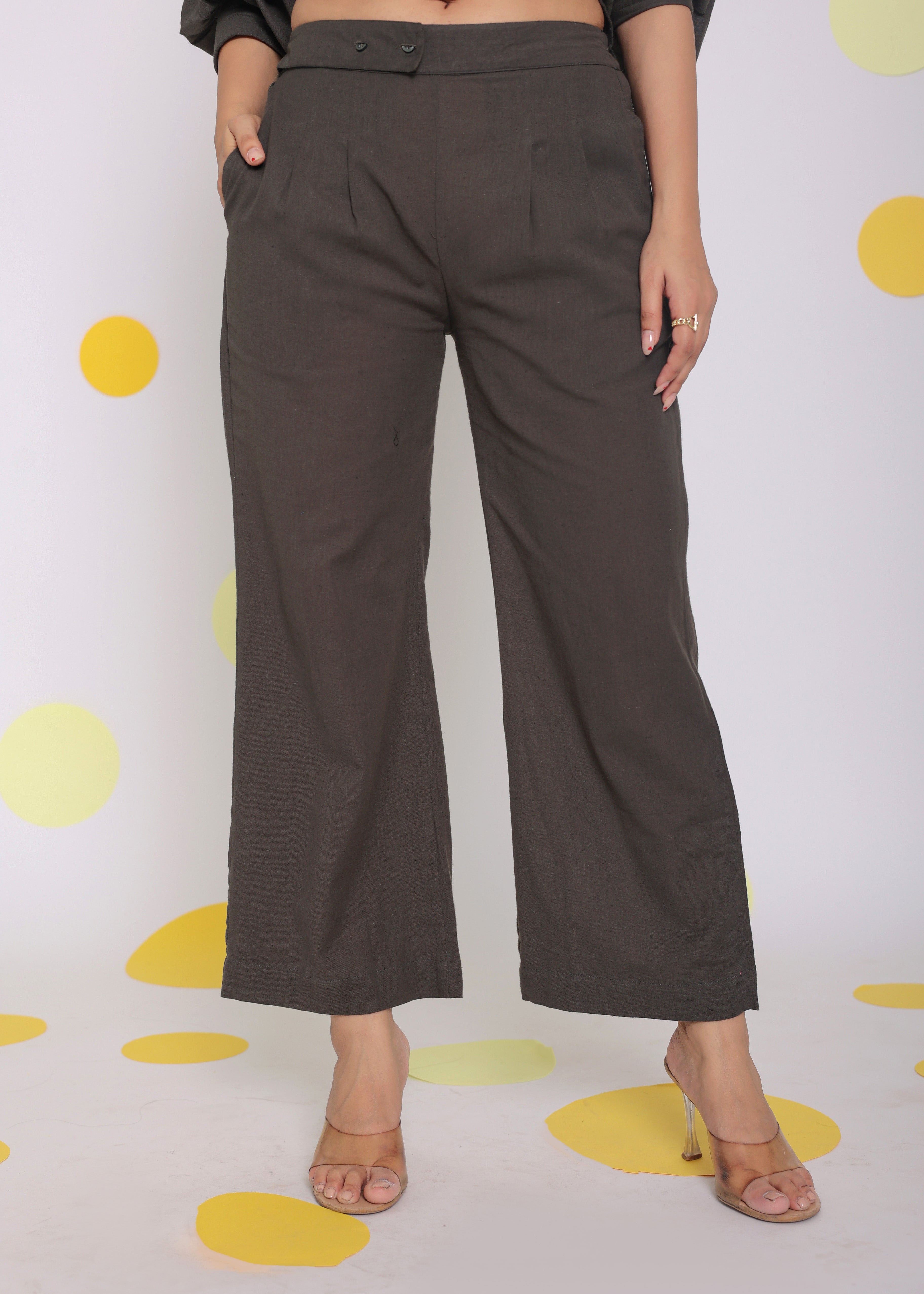 Grey Relaxed Buttoned Summer Formal Linen Pants - Kaoribyshreya