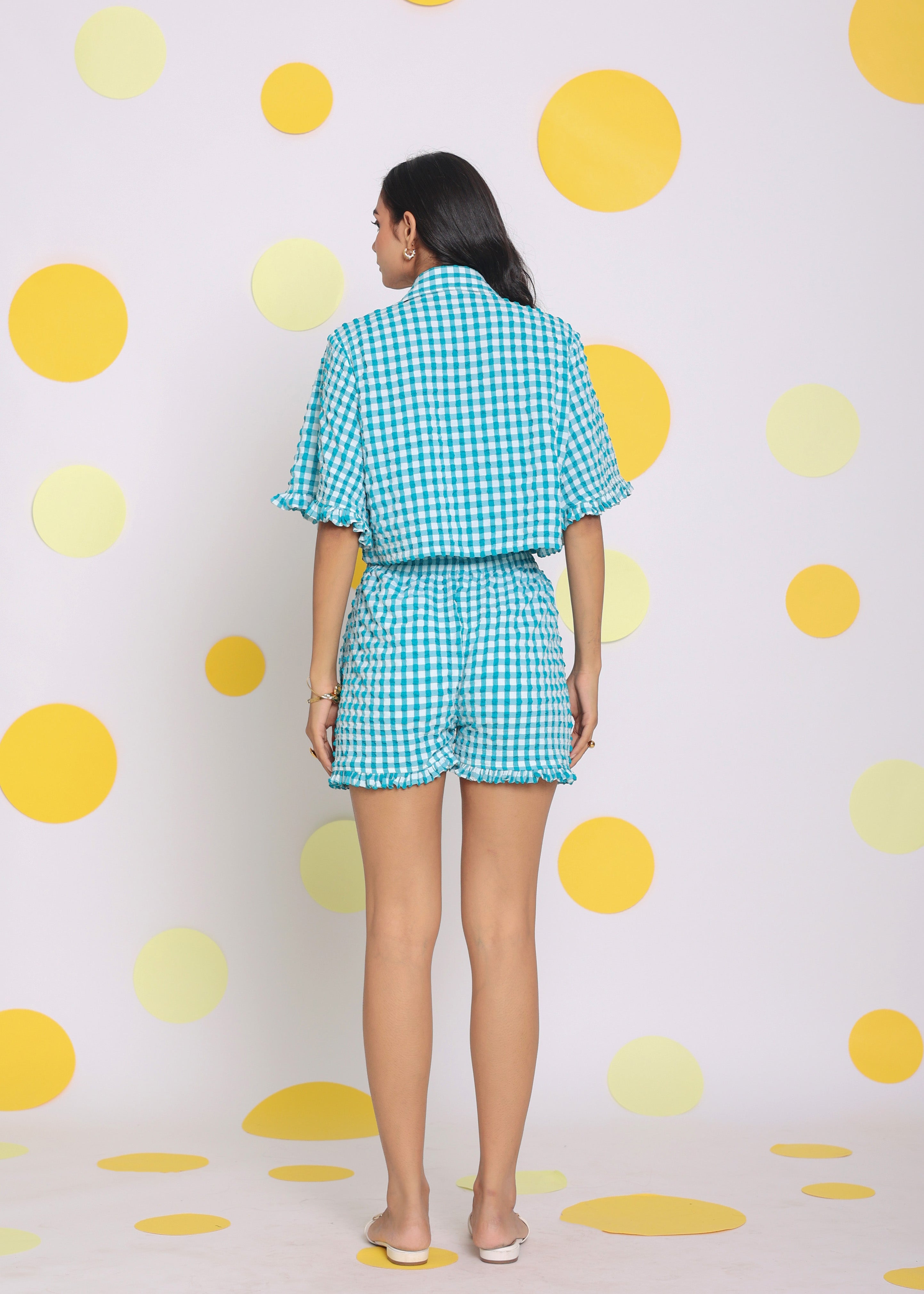 White and Aqua Blue Summer Tube Top, Shirt and Shorts Relaxed 3 Pc Co-ord Set - Kaoribyshreya