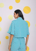White and Aqua Blue Summer Relaxed Collared Shirt and Fitted Tube Top - Kaoribyshreya