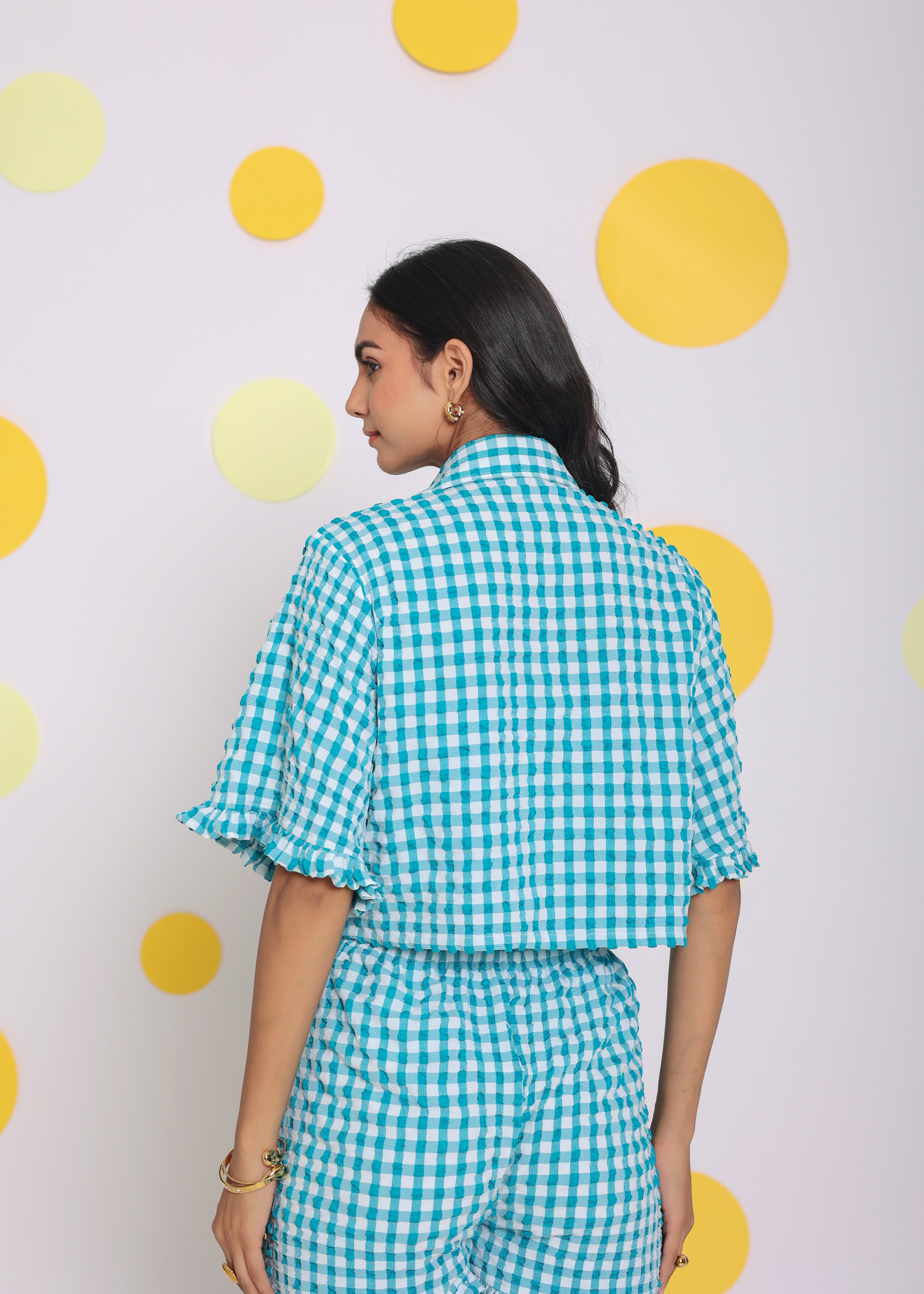 White and Aqua Blue Summer Relaxed Collared Shirt and Fitted Tube Top - Kaoribyshreya