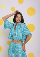 White and Aqua Blue Summer Relaxed Collared Shirt and Fitted Tube Top - Kaoribyshreya